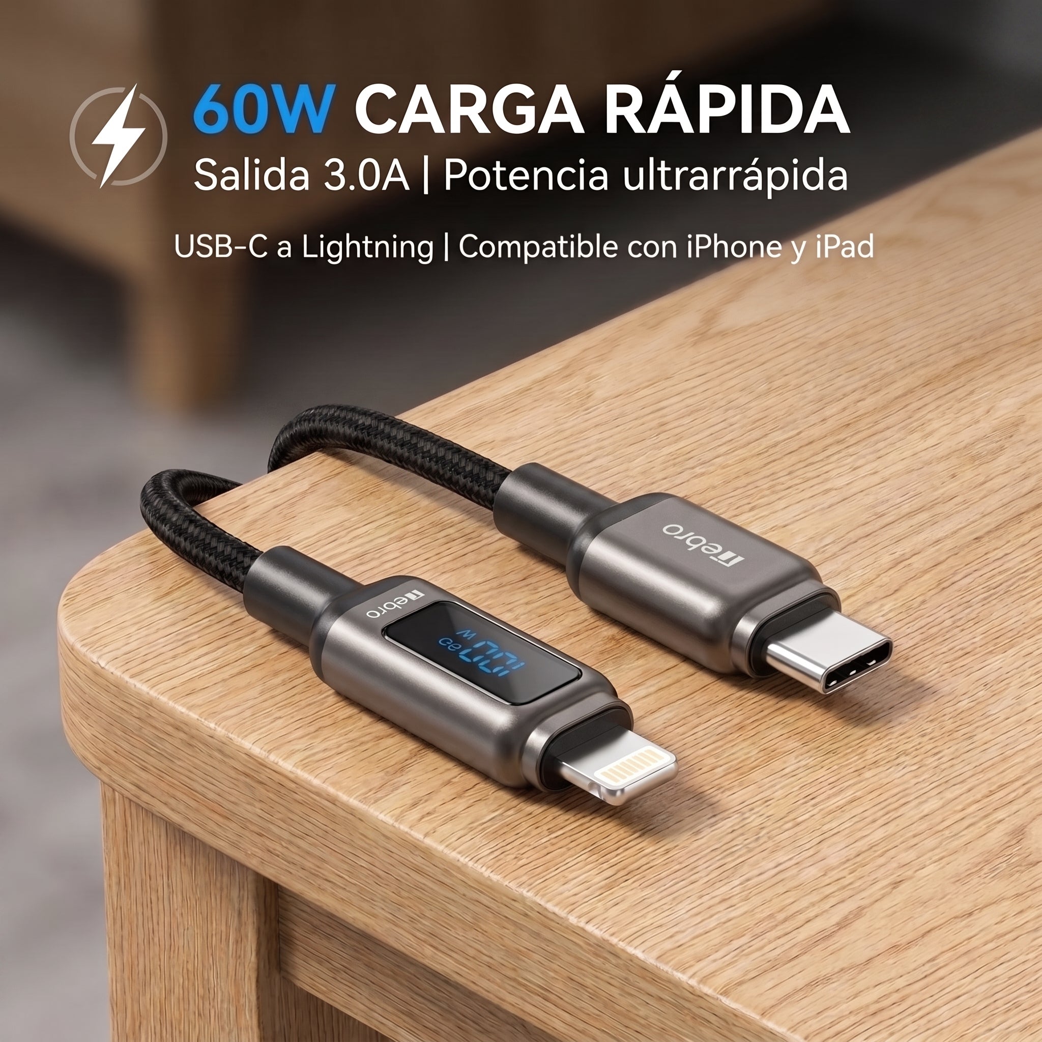 Cable USB-C a Lightning Trenzado Nebro WD-309TL 60W