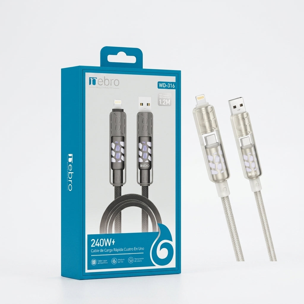 Cable 4 en 1 NEBRO WD-316 240W 1.2 Metros Aleación Zinc