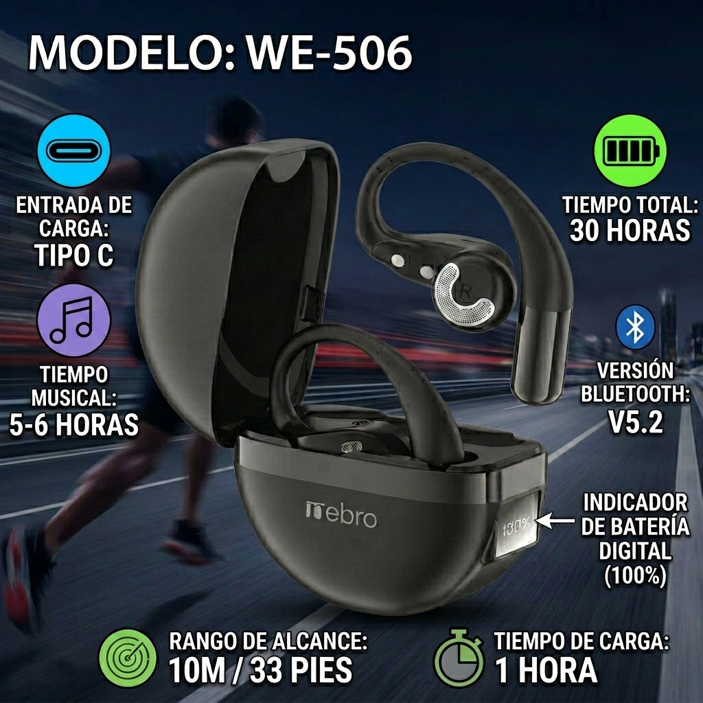 Audífonos Bluetooth OWS NEBRO WE-506 Clip Oreja Sonido Direccional Estuche 400mAh