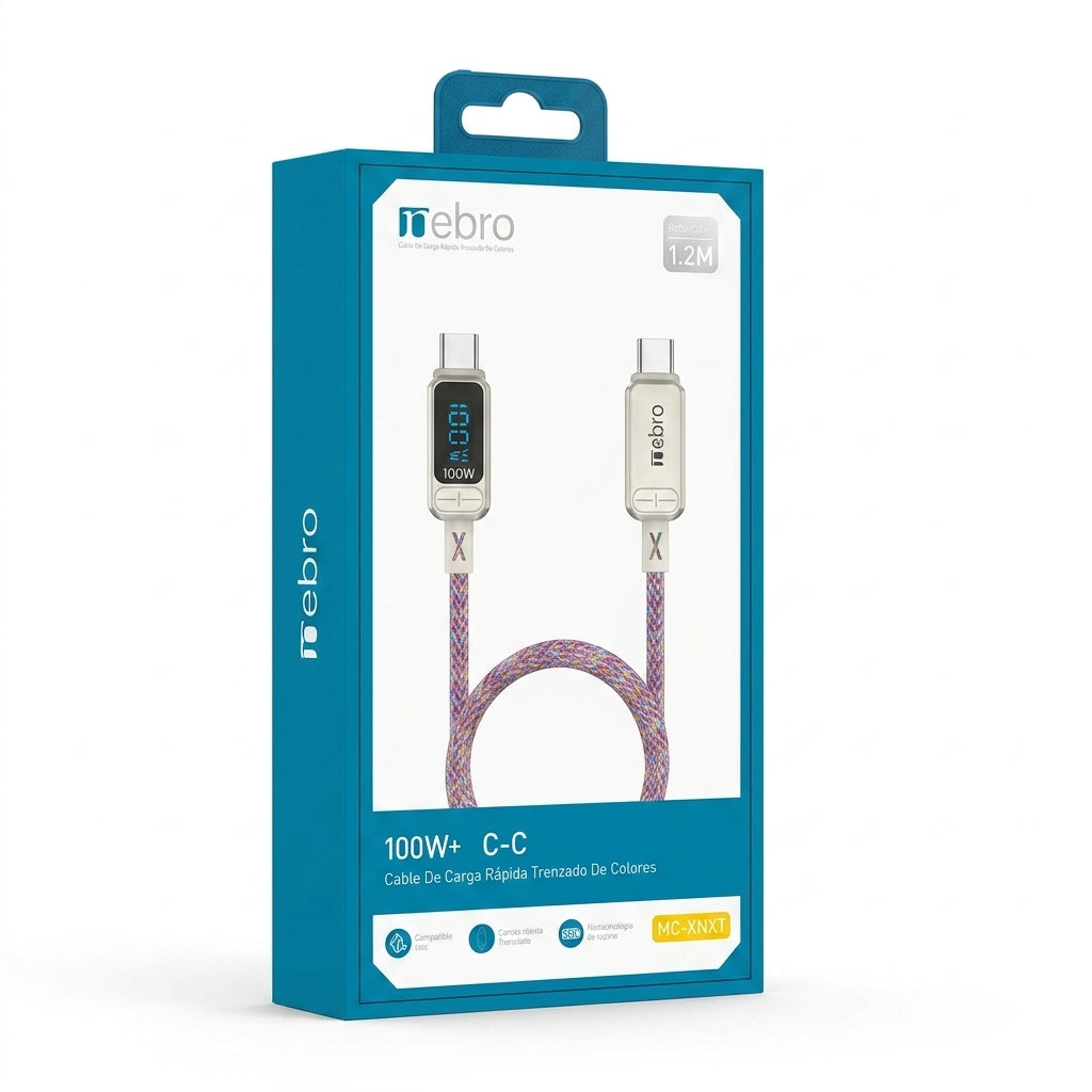 Cable USB-C a USB-C Trenzado NEBRO WD-306TT 100W PD Carga Rápida 1.2m