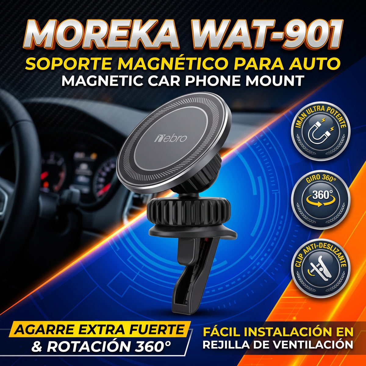 Soporte Magnético Nebro WAT-901 para Aire Acondicionado de Auto con Giro de 360°