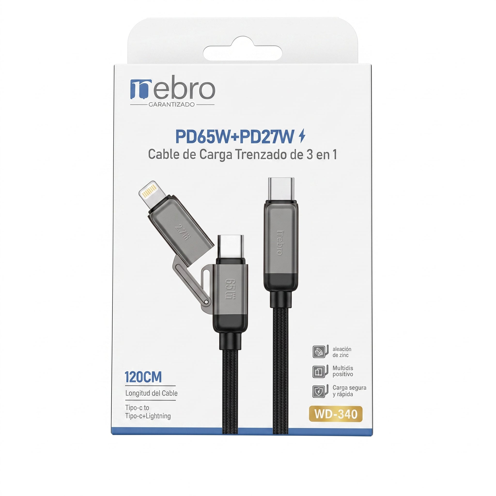 Cable Tipo-C a Tipo-C y Lightning 3 en 1 Nebro WD-340 Carga Rapida 1.2m