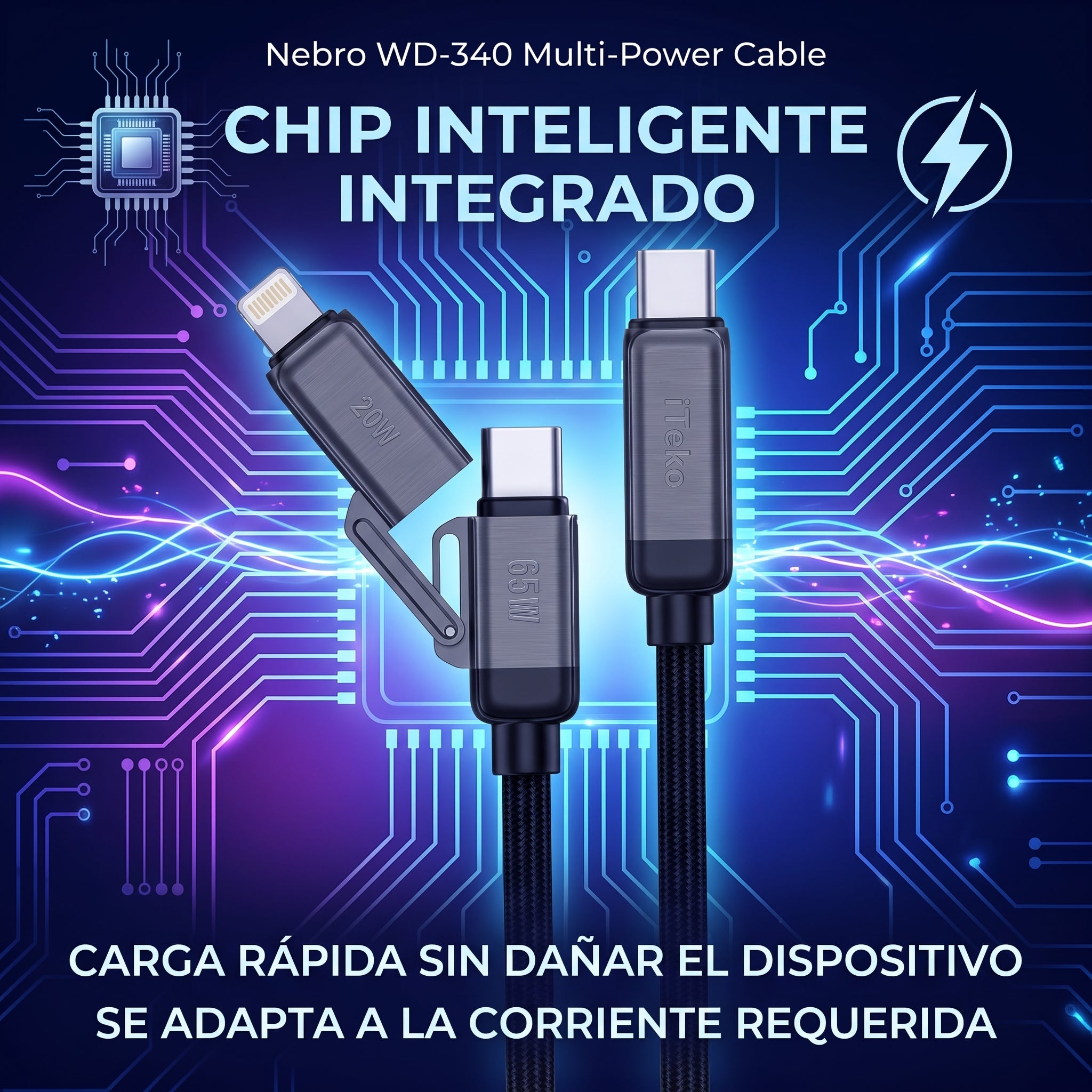 Cable Tipo-C a Tipo-C y Lightning 3 en 1 Nebro WD-340 Carga Rapida 1.2m