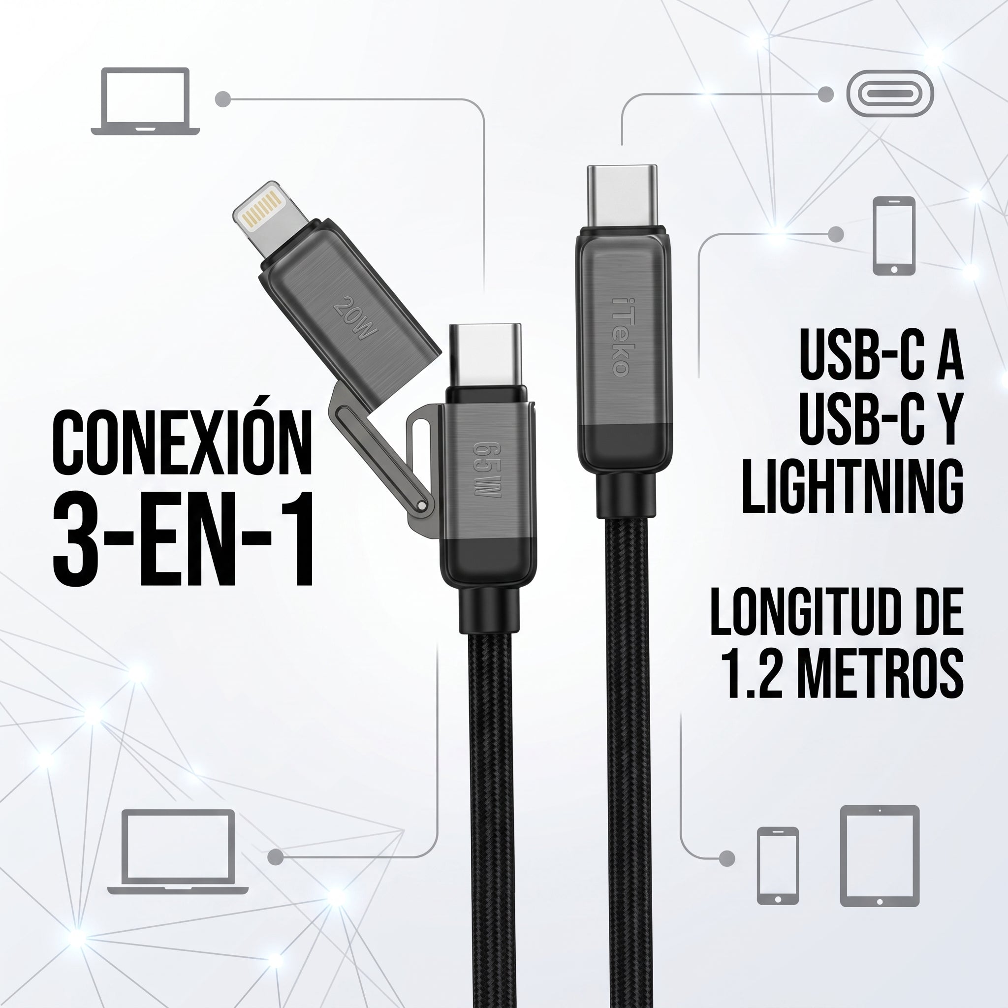 Cable Tipo-C a Tipo-C y Lightning 3 en 1 Nebro WD-340 Carga Rapida 1.2m