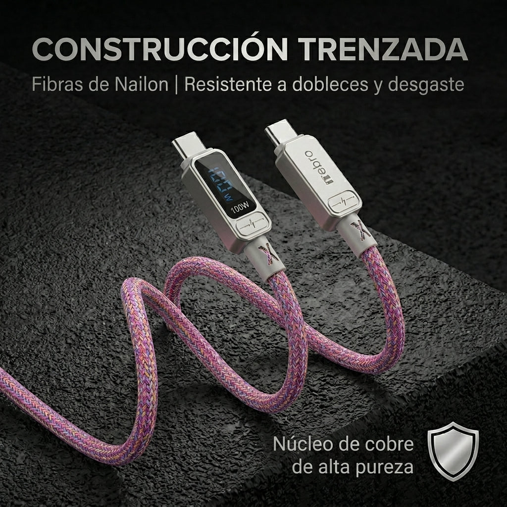 Cable USB-C a USB-C Trenzado NEBRO WD-306TT 100W PD Carga Rápida 1.2m