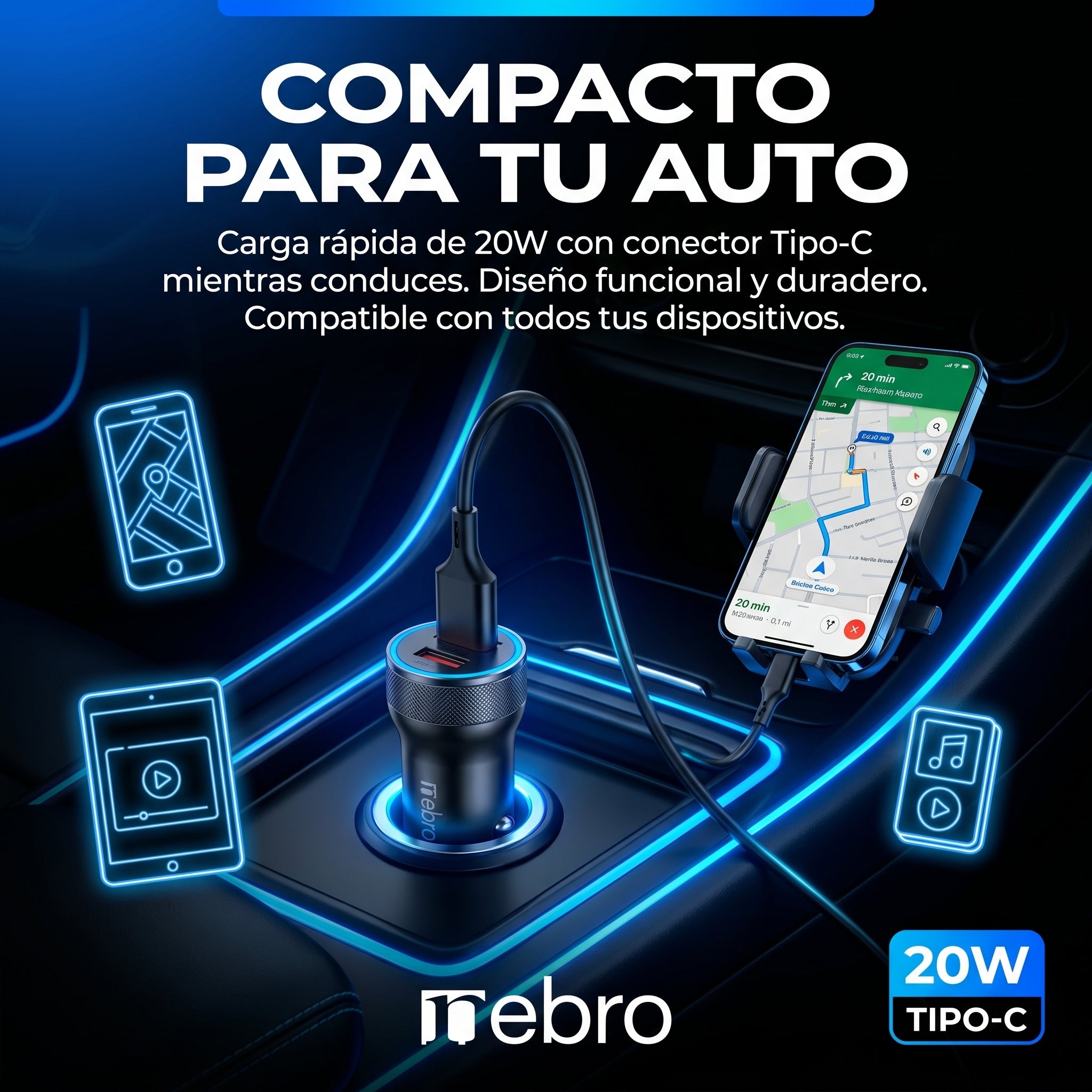 Cargador de Auto cable Tipo C NEBRO VA001S 20W Carga Rápida