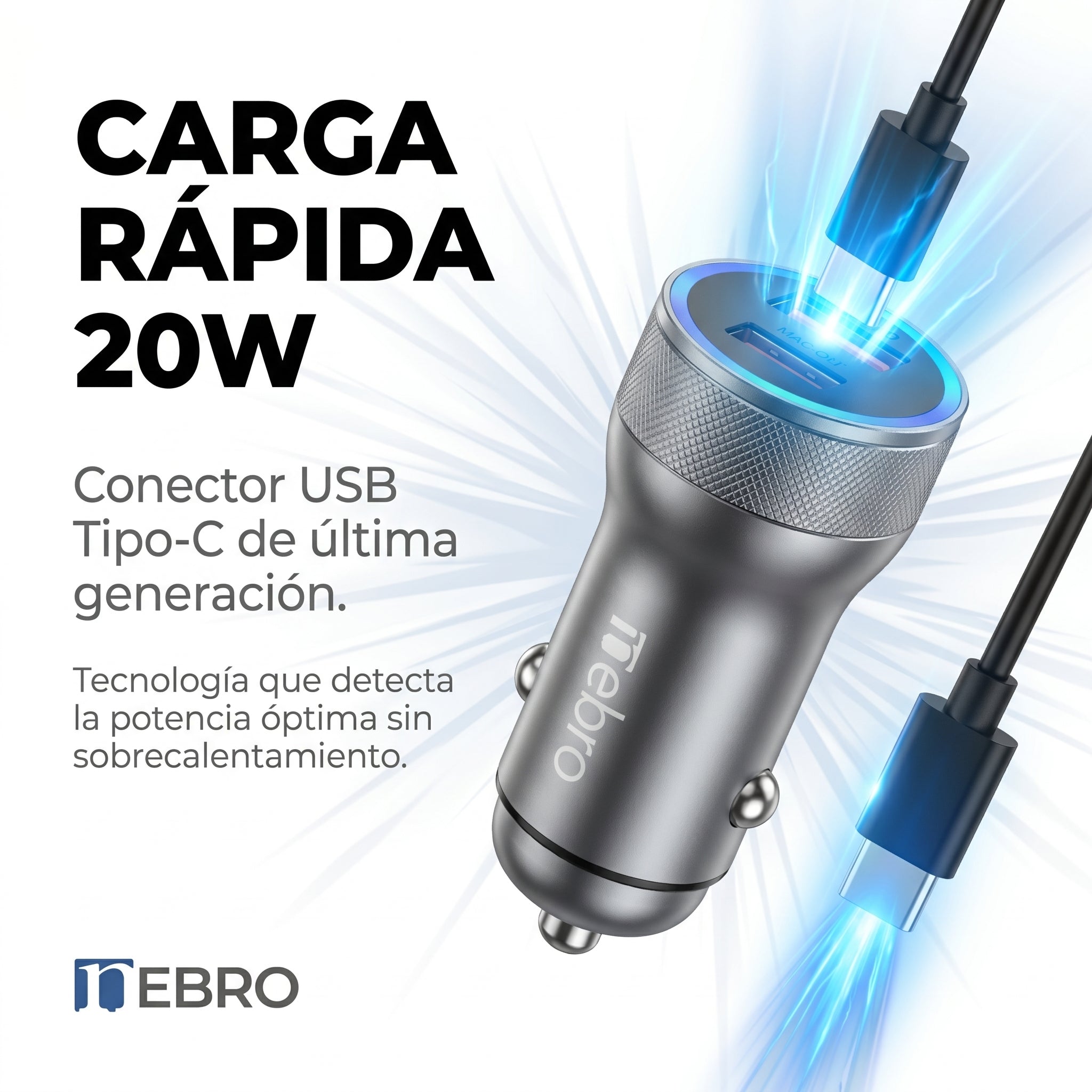 Cargador de Auto cable Tipo C NEBRO VA001S 20W Carga Rápida