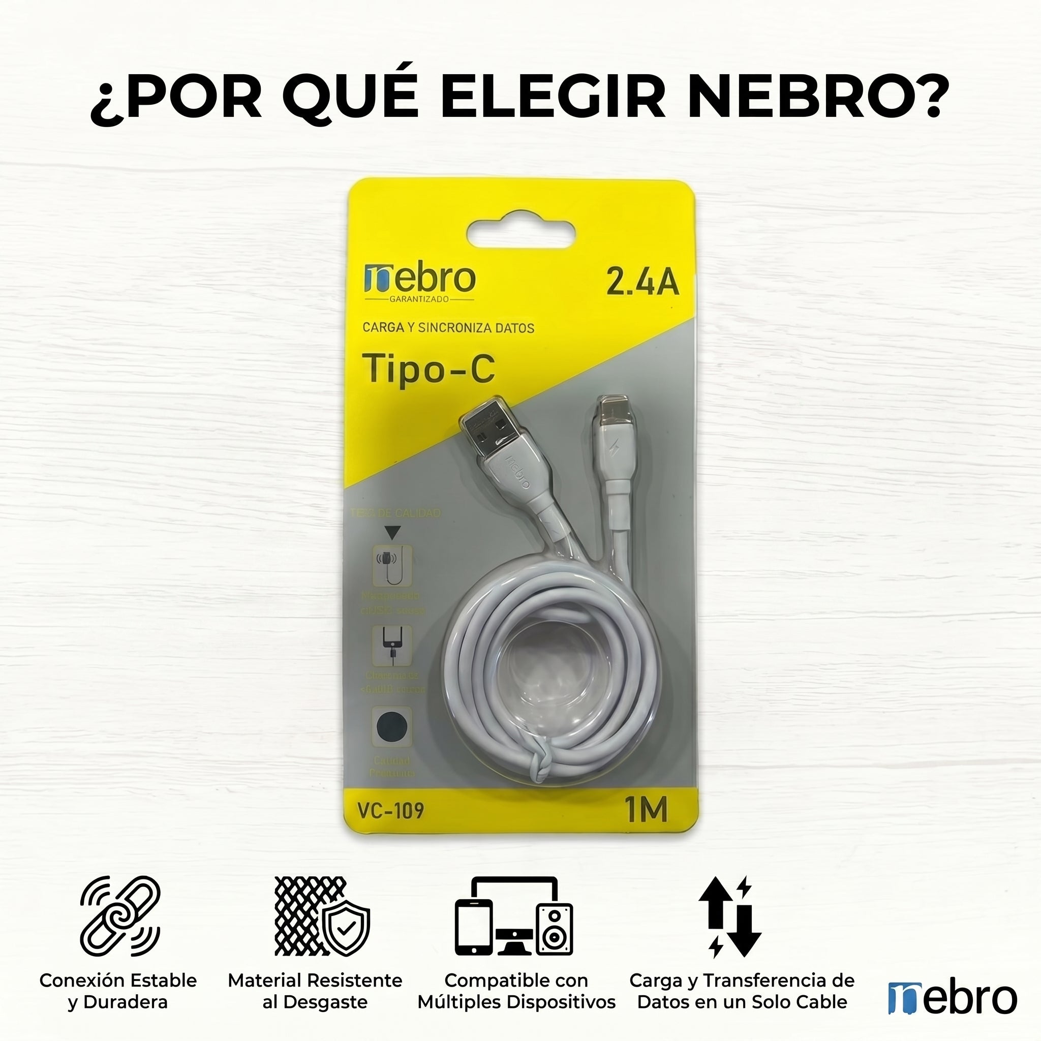 Cable Tipo C NEBRO VC109 12W USB a Tipo C 1 Metro