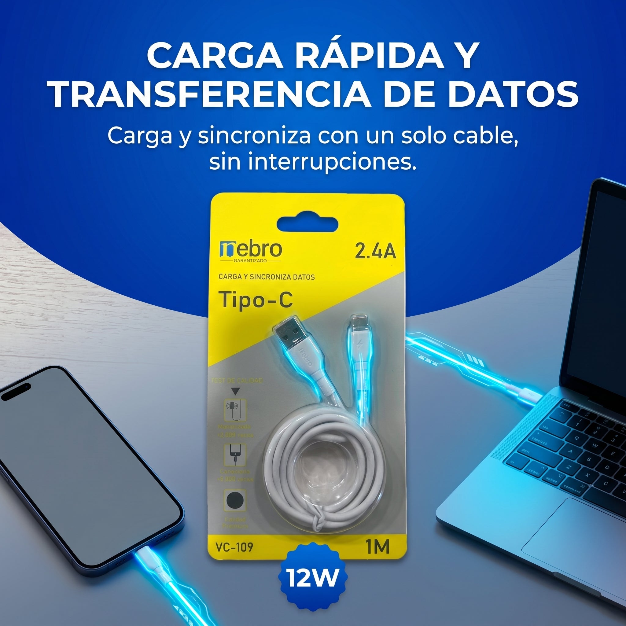 Cable Tipo C NEBRO VC109 12W USB a Tipo C 1 Metro