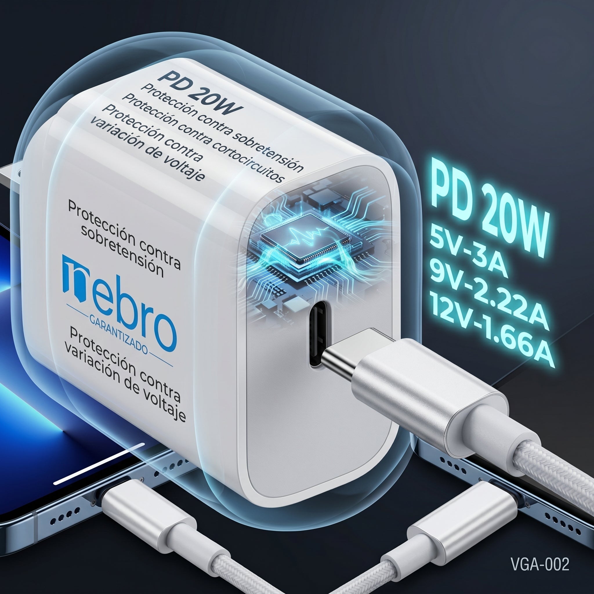 Cargador Rápido Nebro VGA-002 20W C-IP Power Delivery Carga Inteligente