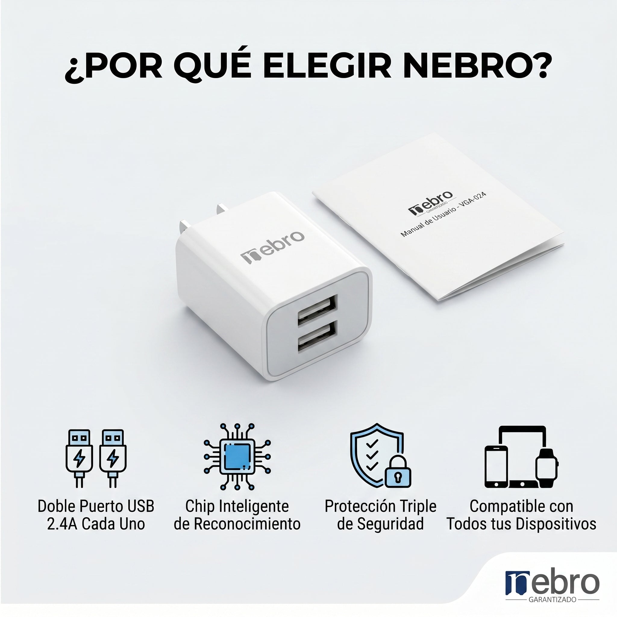 Cargador Doble USB Nebro VGA-024 2.4A Puerto Dual de Carga Rápida