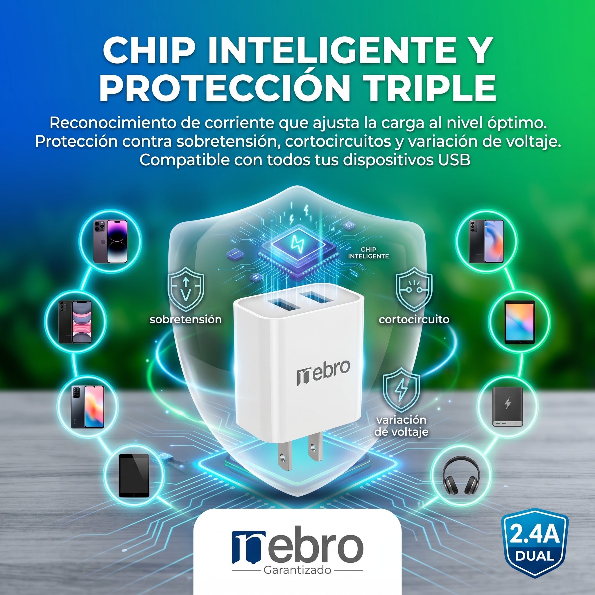 Cargador Doble USB Nebro VGA-024 2.4A Puerto Dual de Carga Rápida