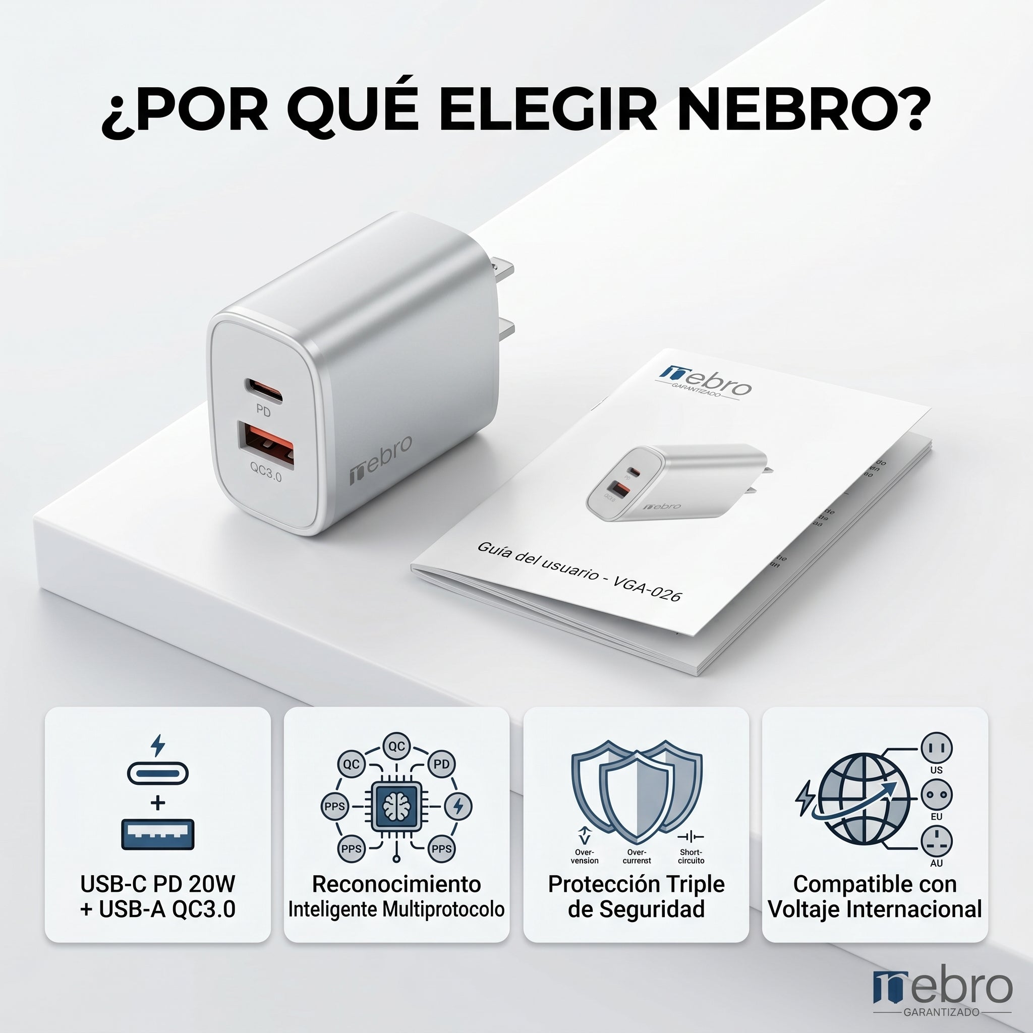Cargador Doble Puerto Nebro VGA-026 20W PD + QC3.0 USB-C y USB-A Carga Rápida Simultánea