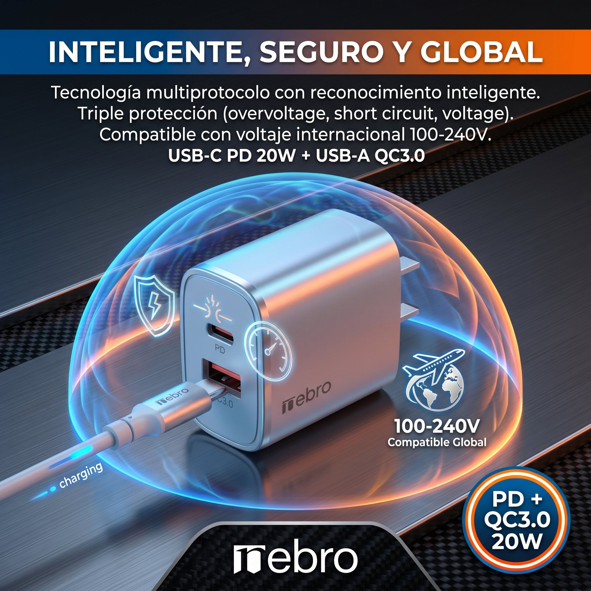 Cargador Doble Puerto Nebro VGA-026 20W PD + QC3.0 USB-C y USB-A Carga Rápida Simultánea