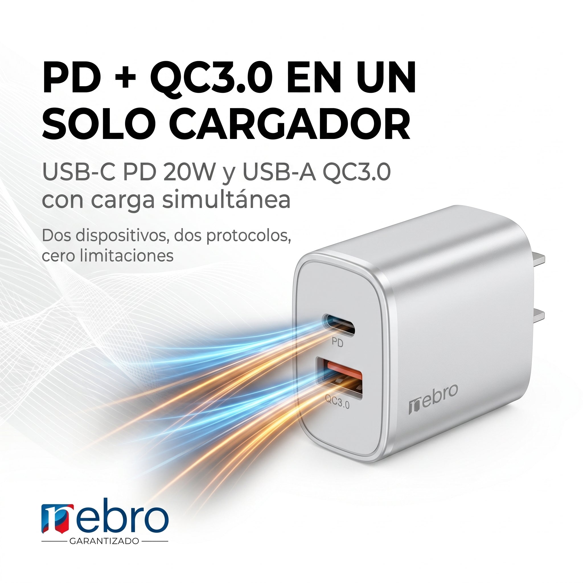 Cargador Doble Puerto Nebro VGA-026 20W PD + QC3.0 USB-C y USB-A Carga Rápida Simultánea