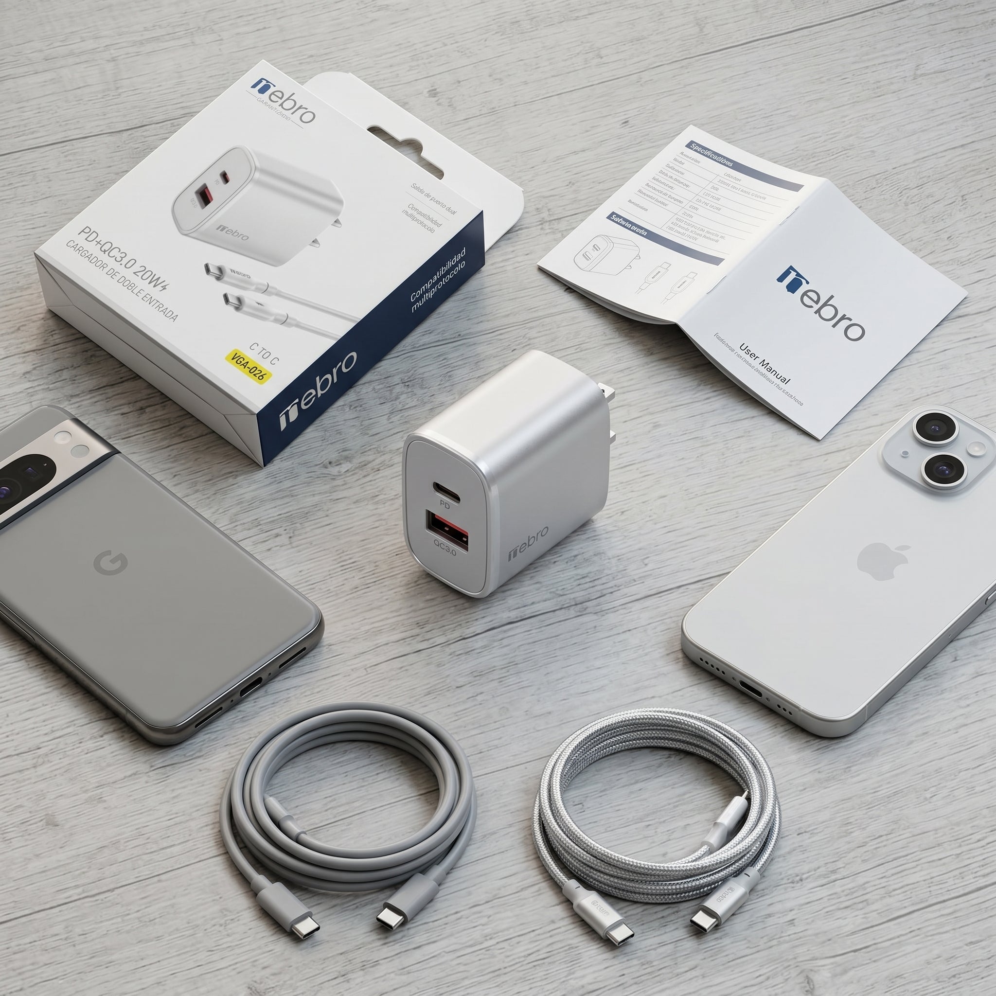 Cargador Doble Puerto Nebro VGA-026 20W PD + QC3.0 USB-C y USB-A Carga Rápida Simultánea