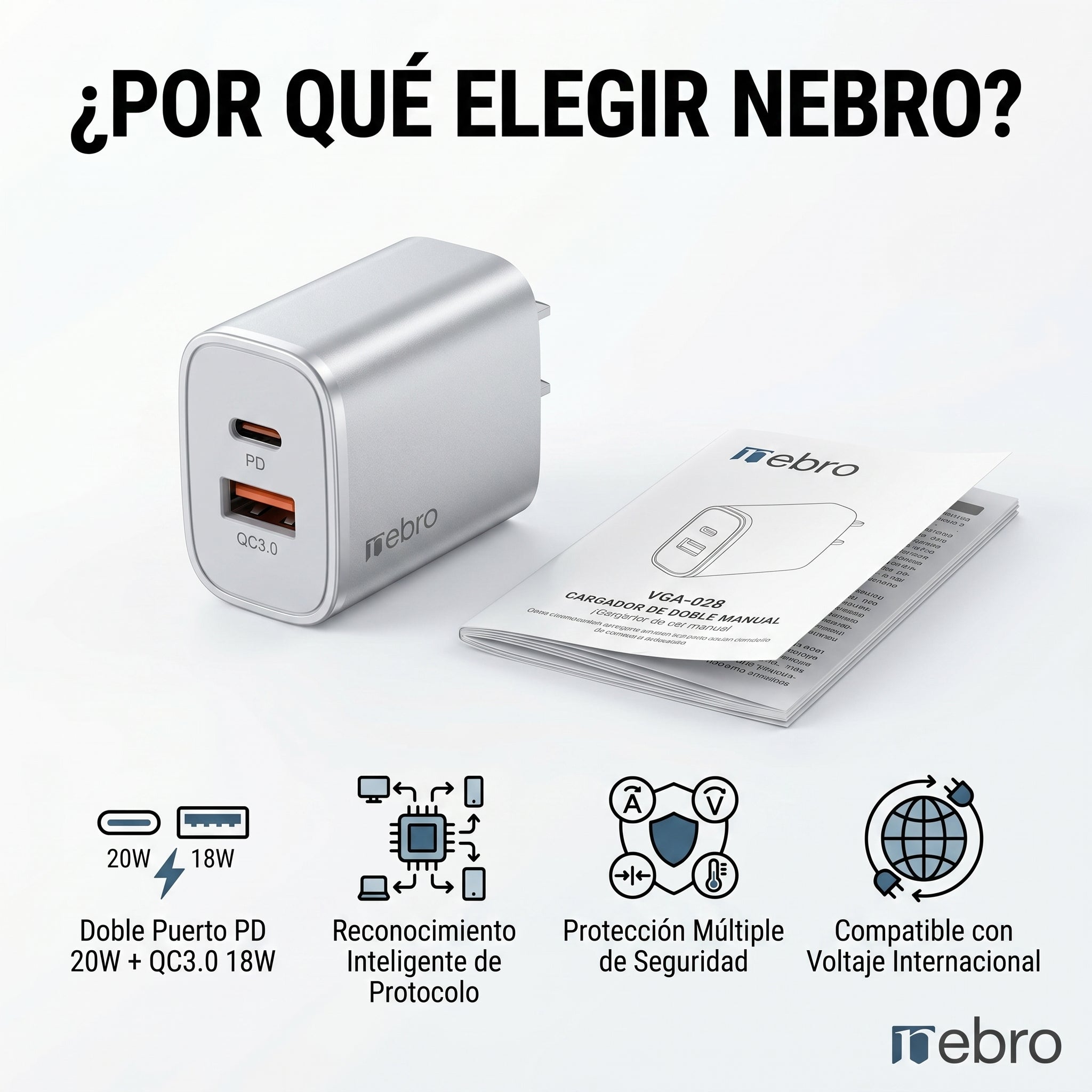 Cargador Doble Puerto Nebro VGA-028 20W PD + QC3.0 USB-C y QC3.0 Carga Rápida Simultánea