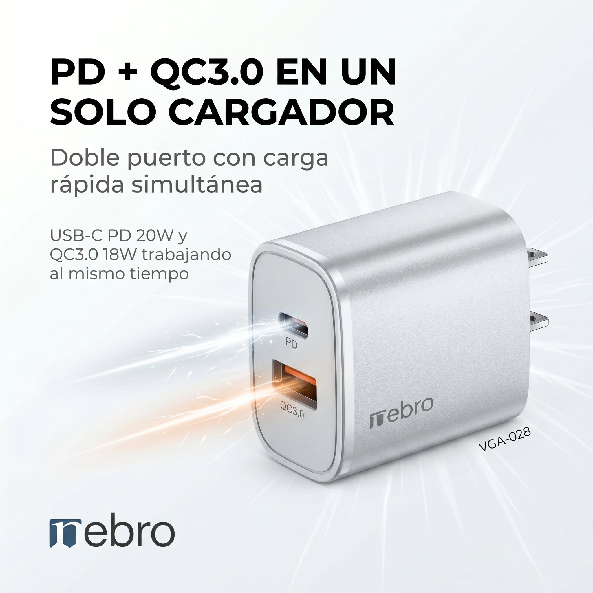 Cargador Doble Puerto Nebro VGA-028 20W PD + QC3.0 USB-C y QC3.0 Carga Rápida Simultánea