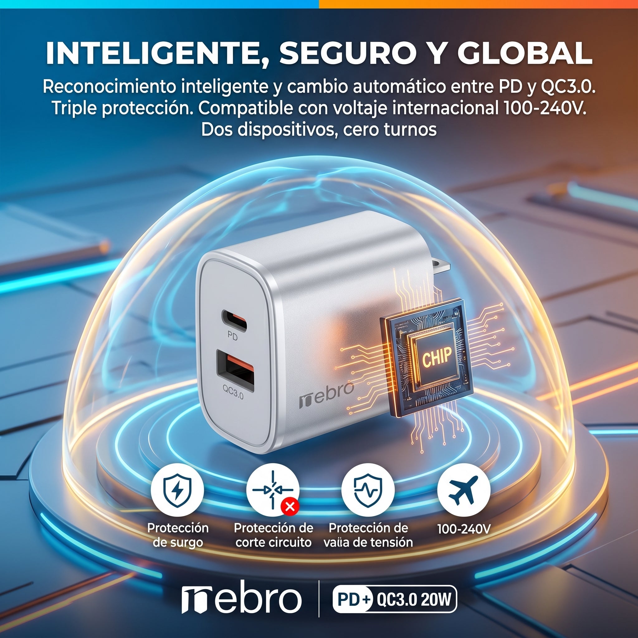 Cargador Doble Puerto Nebro VGA-028 20W PD + QC3.0 USB-C y QC3.0 Carga Rápida Simultánea
