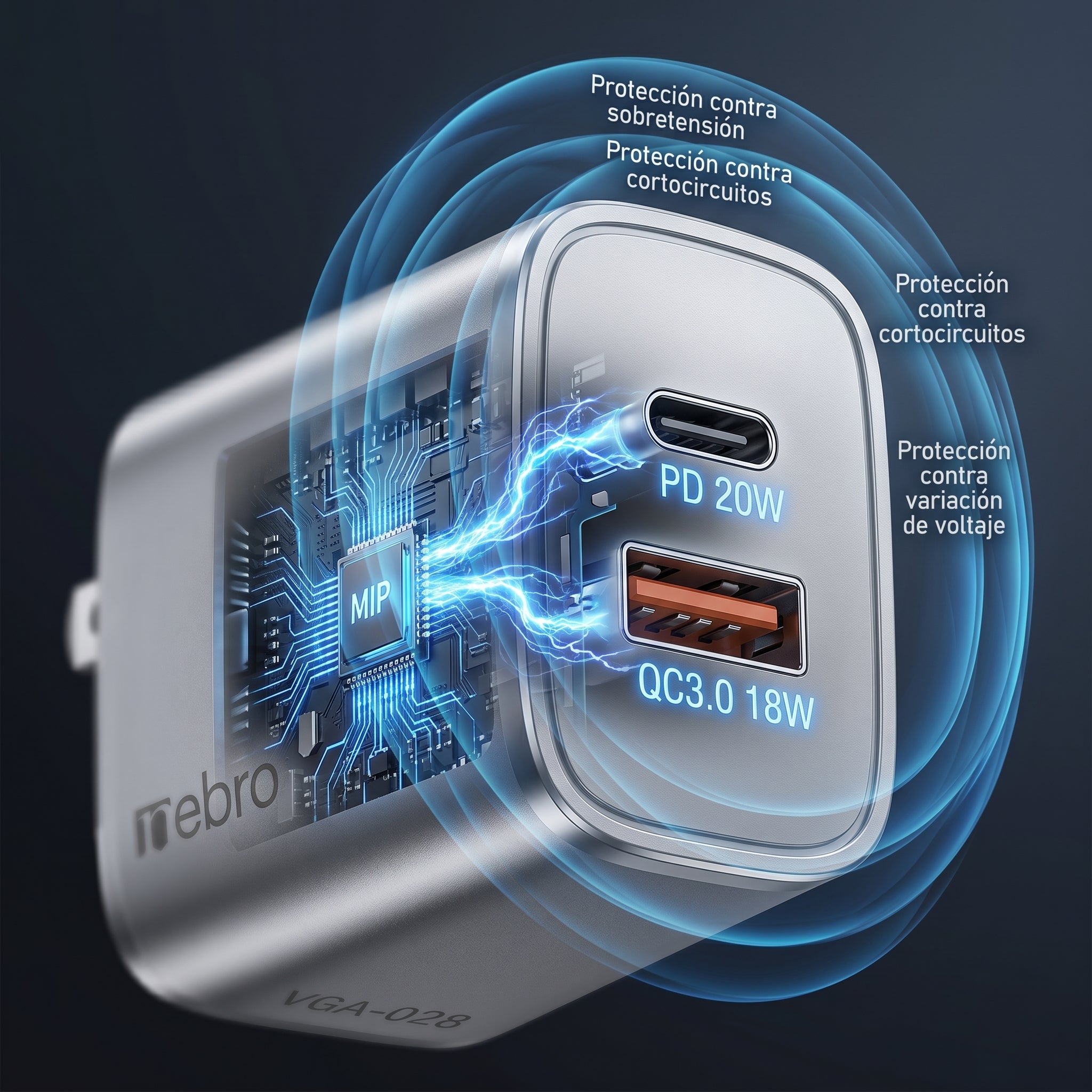 Cargador Doble Puerto Nebro VGA-028 20W PD + QC3.0 USB-C y QC3.0 Carga Rápida Simultánea