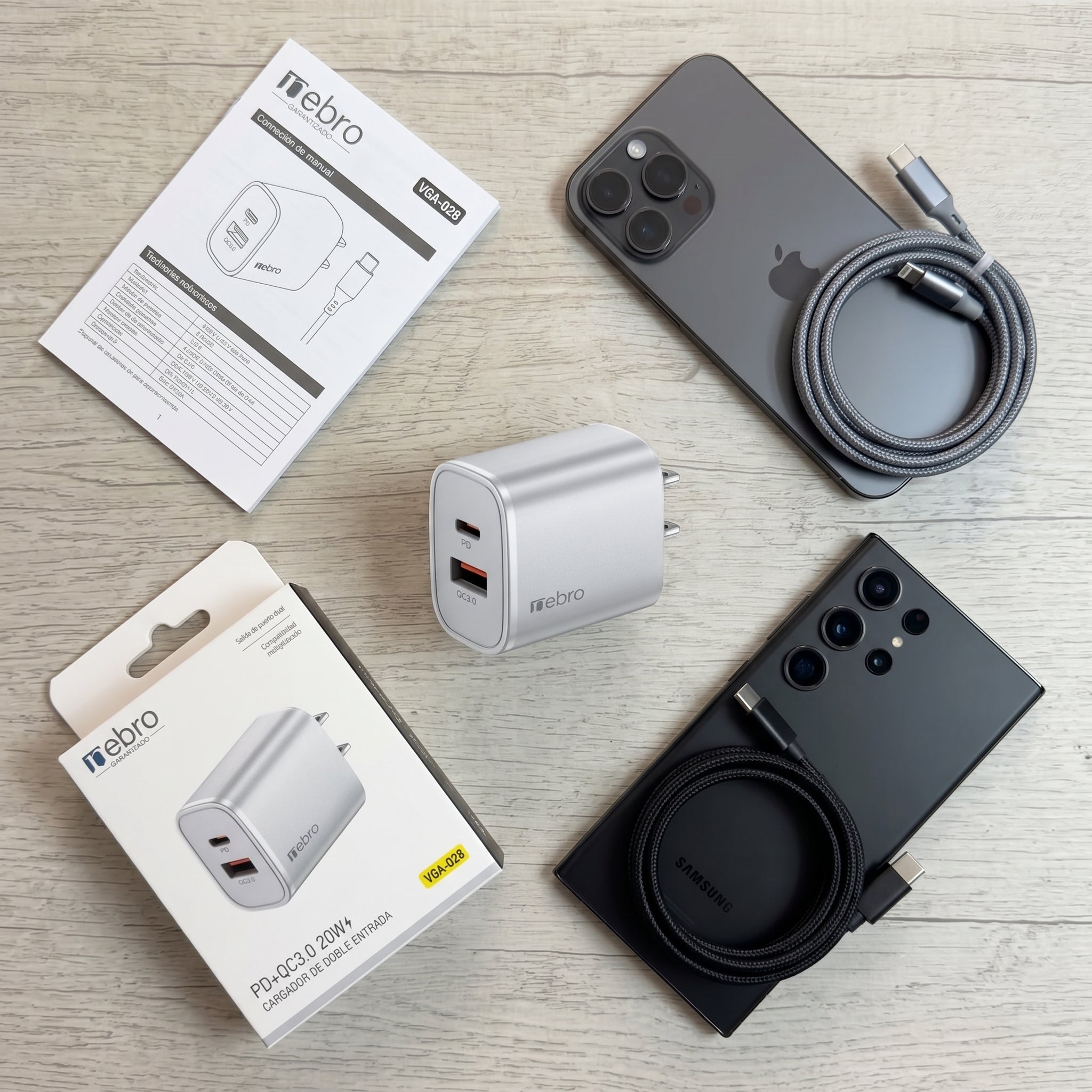 Cargador Doble Puerto Nebro VGA-028 20W PD + QC3.0 USB-C y QC3.0 Carga Rápida Simultánea