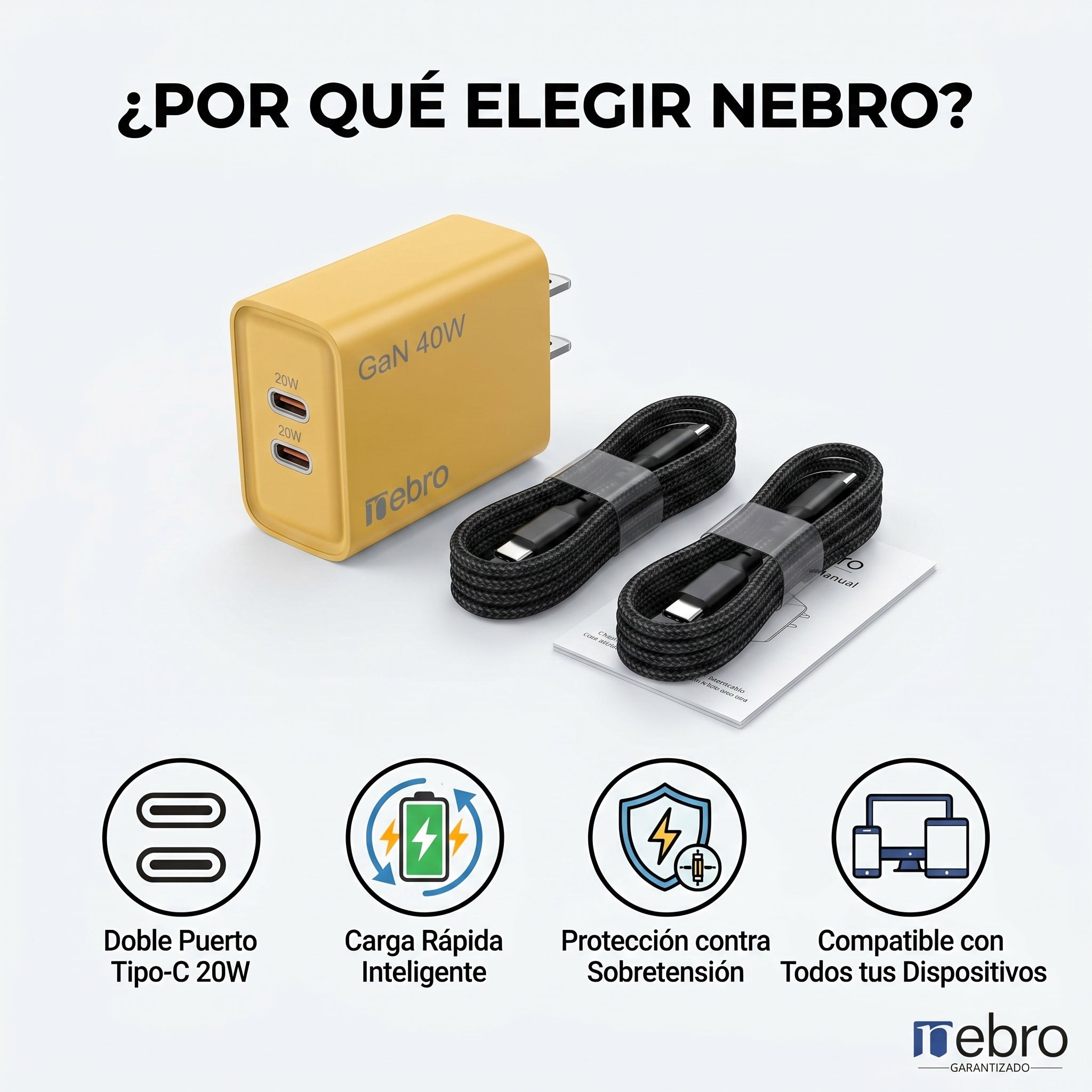 Cargador Doble USB-C Nebro VGA-029 20W Carga Rápida PD Reconocimiento Inteligente Protección contra Sobretensión