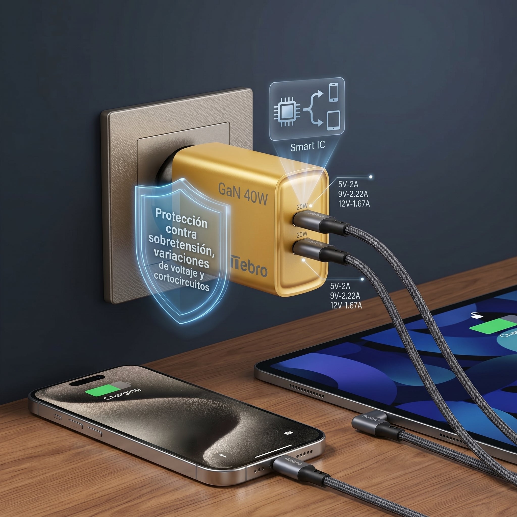 Cargador Doble USB-C Nebro VGA-029 20W Carga Rápida PD Reconocimiento Inteligente Protección contra Sobretensión