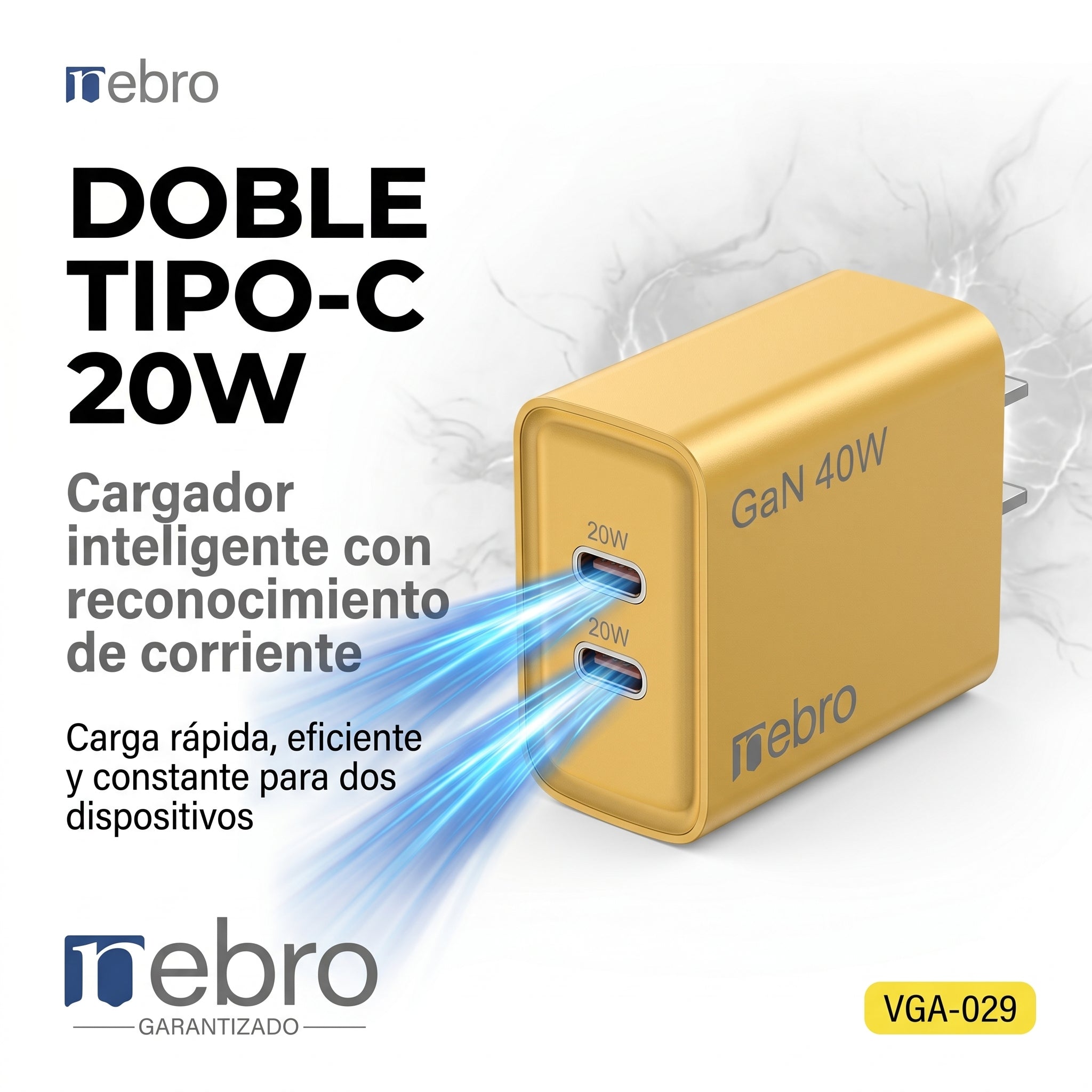 Cargador Doble USB-C Nebro VGA-029 20W Carga Rápida PD Reconocimiento Inteligente Protección contra Sobretensión