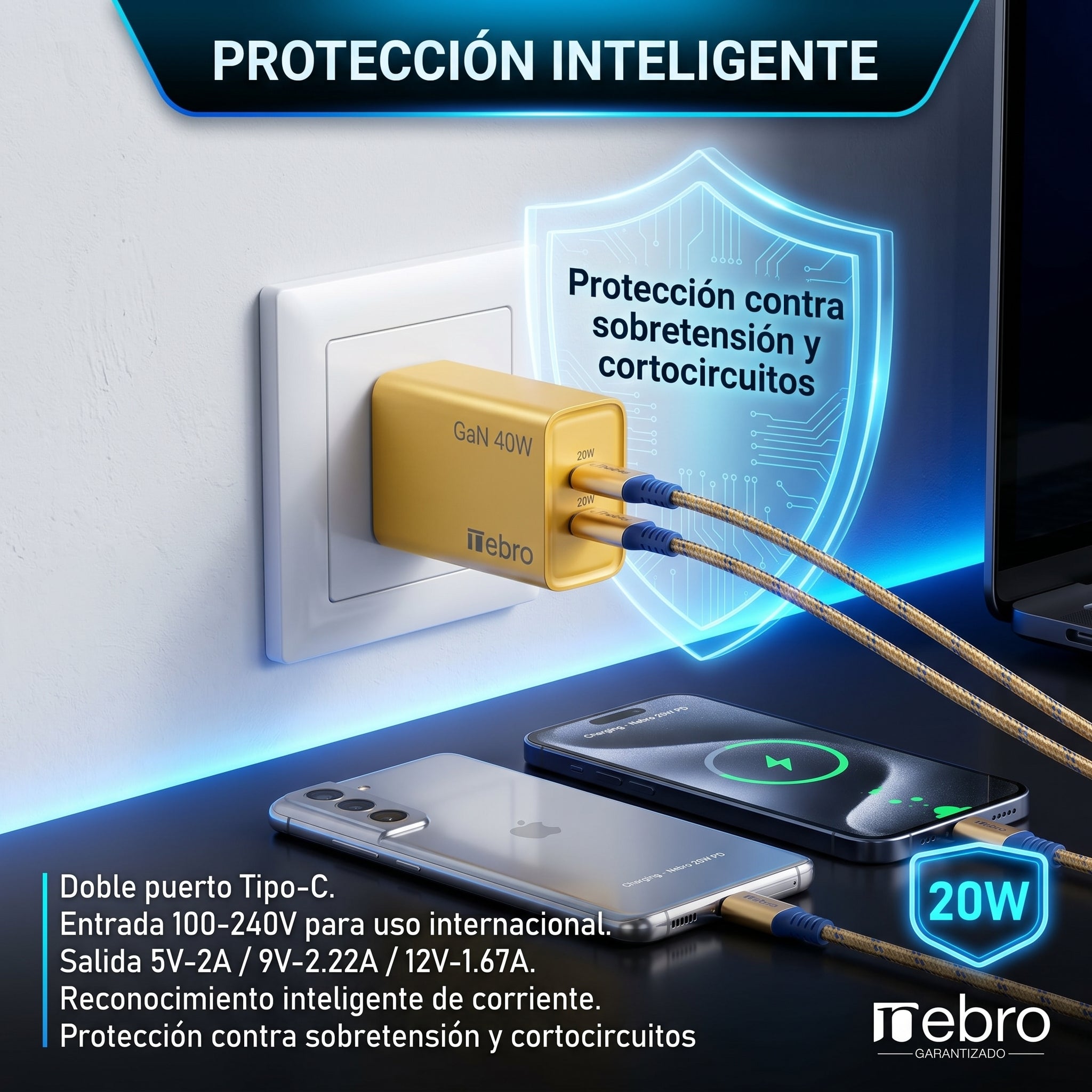 Cargador Doble USB-C Nebro VGA-029 20W Carga Rápida PD Reconocimiento Inteligente Protección contra Sobretensión