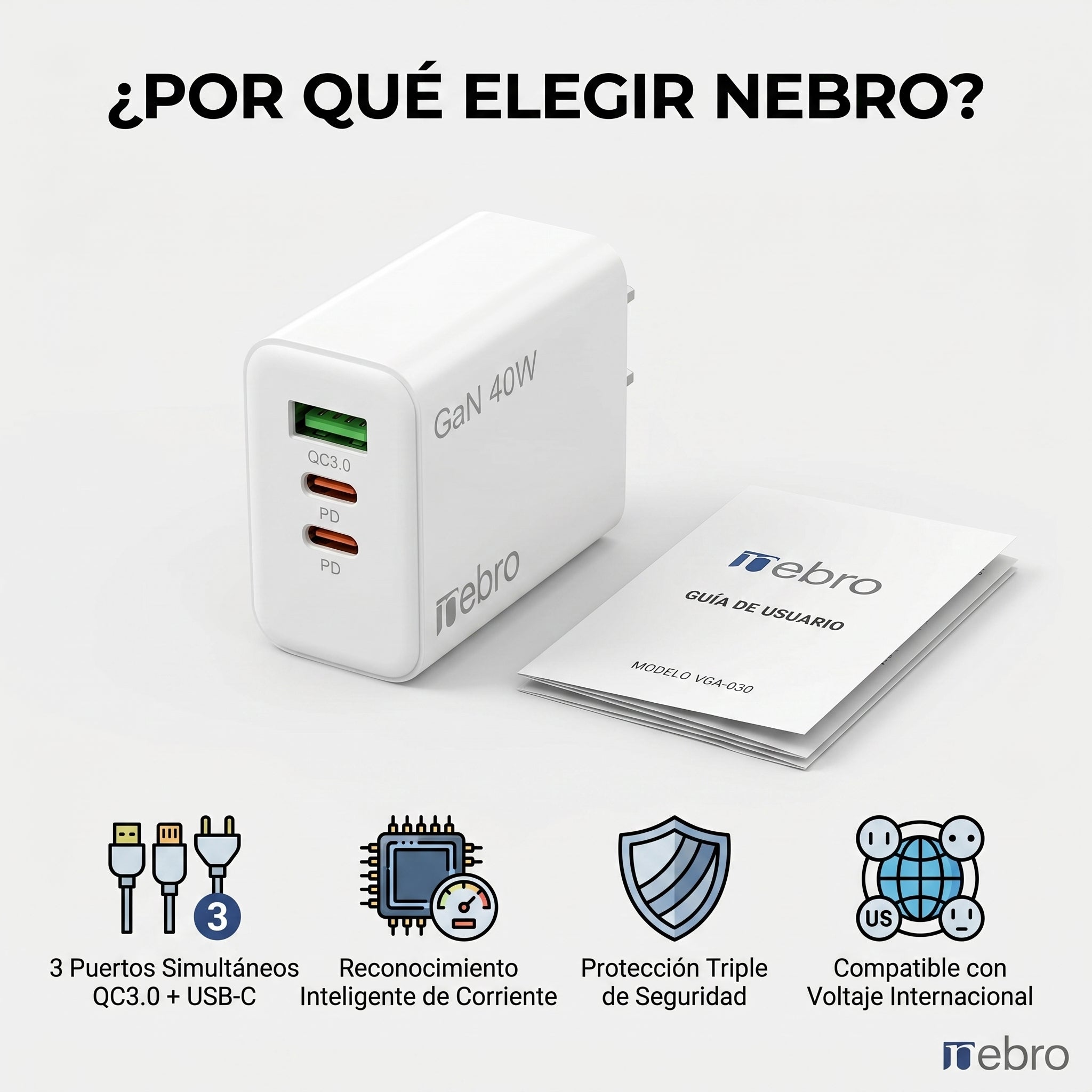 Cargador Rápido Nebro VGA-030 3 Puertos QC3.0 + Doble USB-C 20W