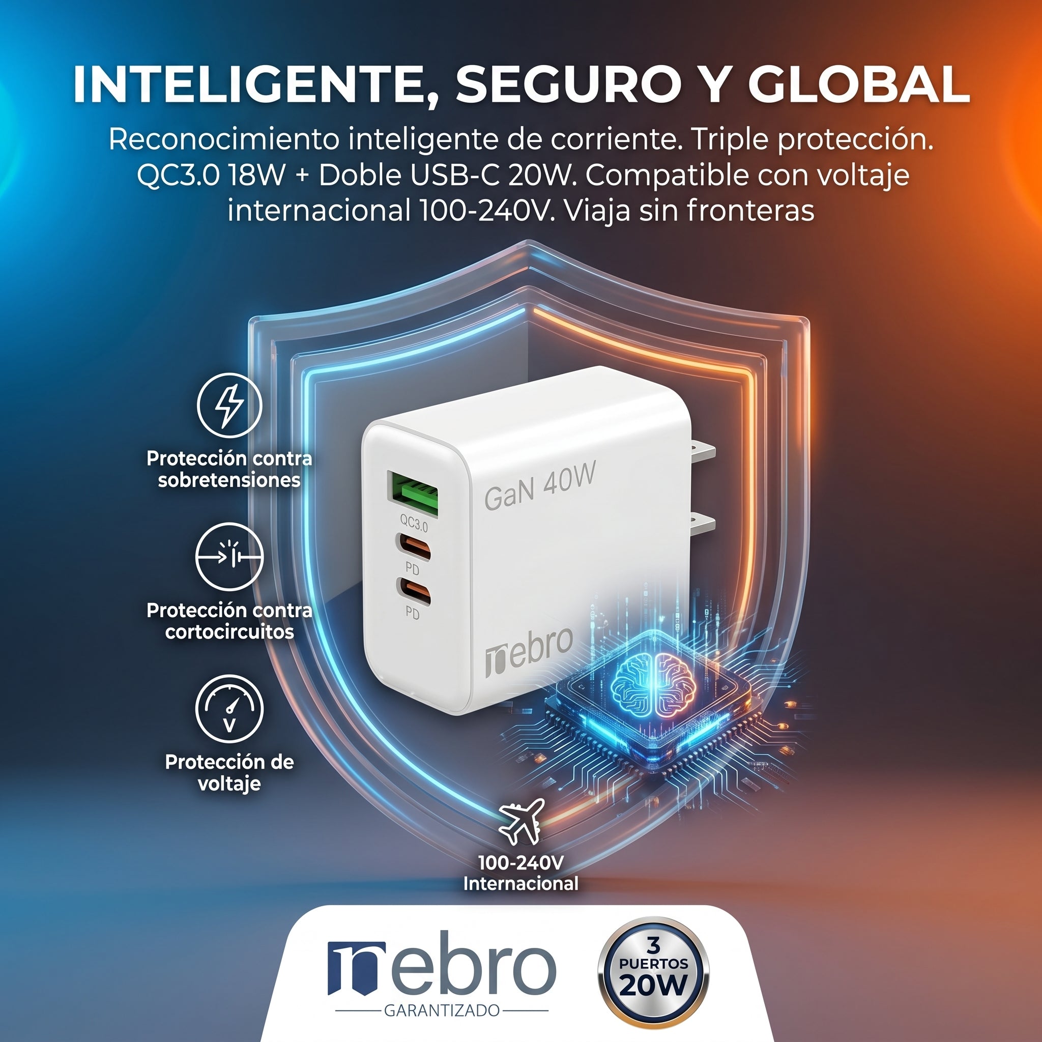 Cargador Rápido Nebro VGA-030 3 Puertos QC3.0 + Doble USB-C 20W