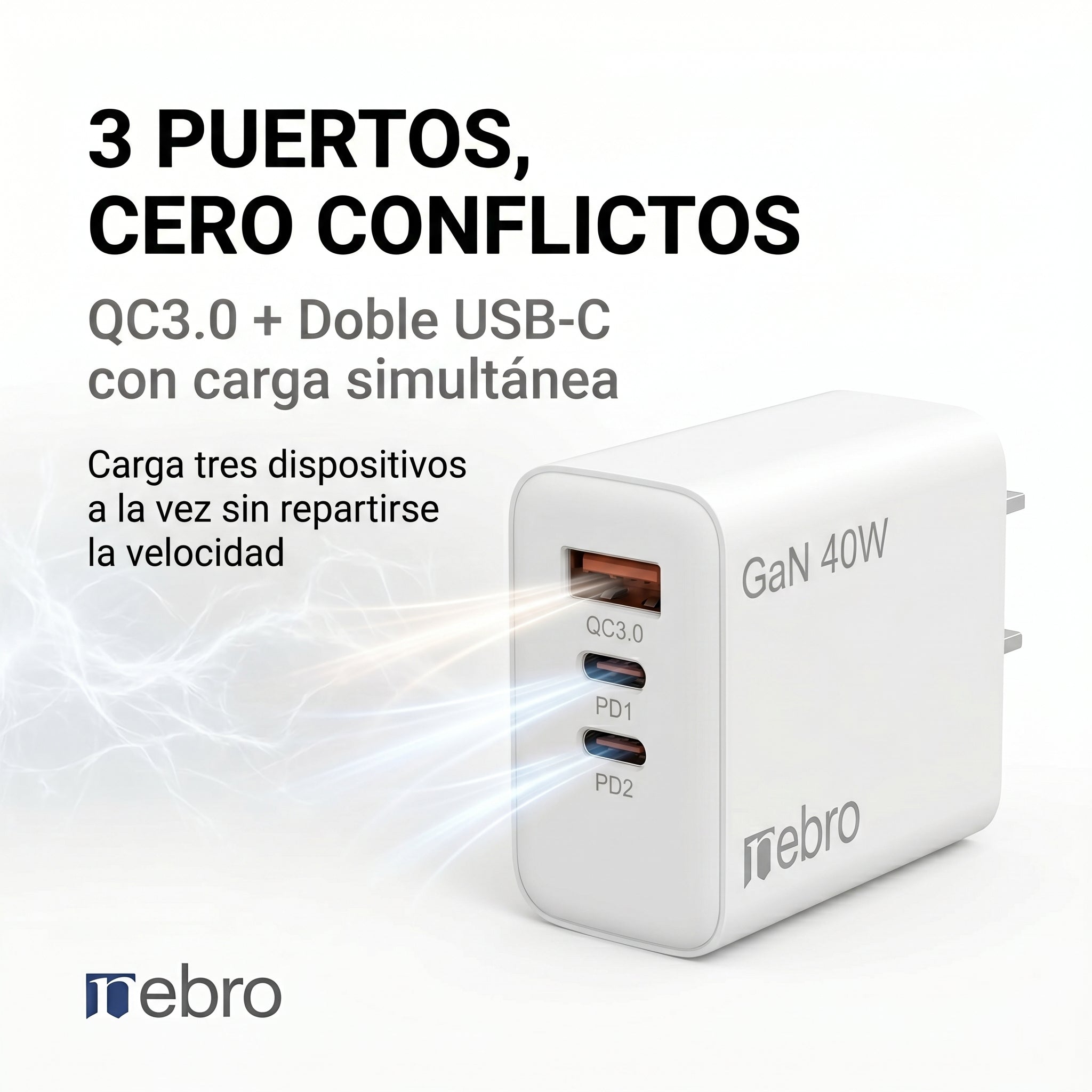 Cargador Rápido Nebro VGA-030 3 Puertos QC3.0 + Doble USB-C 20W