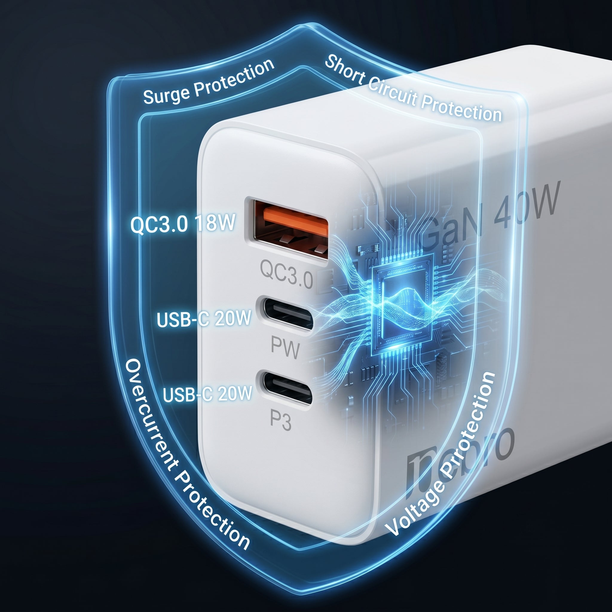 Cargador Rápido Nebro VGA-030 3 Puertos QC3.0 + Doble USB-C 20W