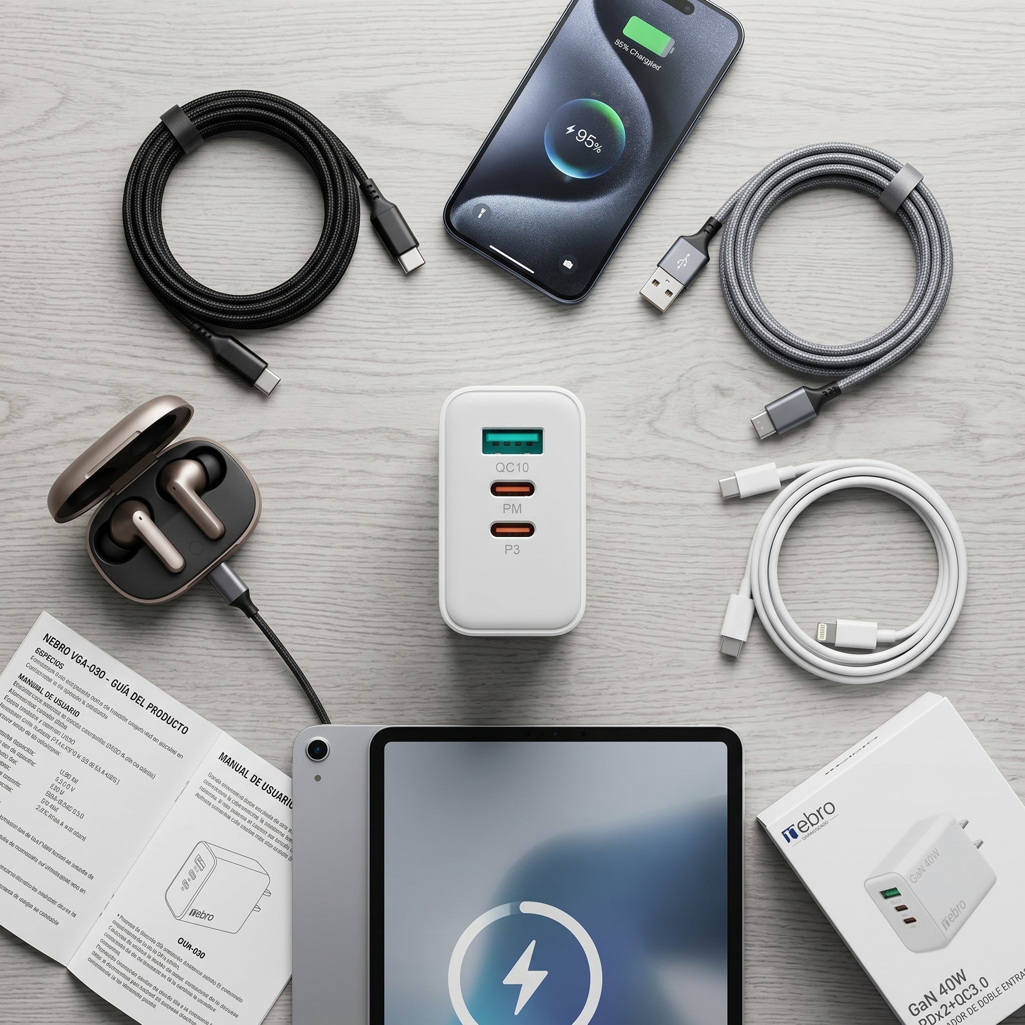 Cargador Rápido Nebro VGA-030 3 Puertos QC3.0 + Doble USB-C 20W