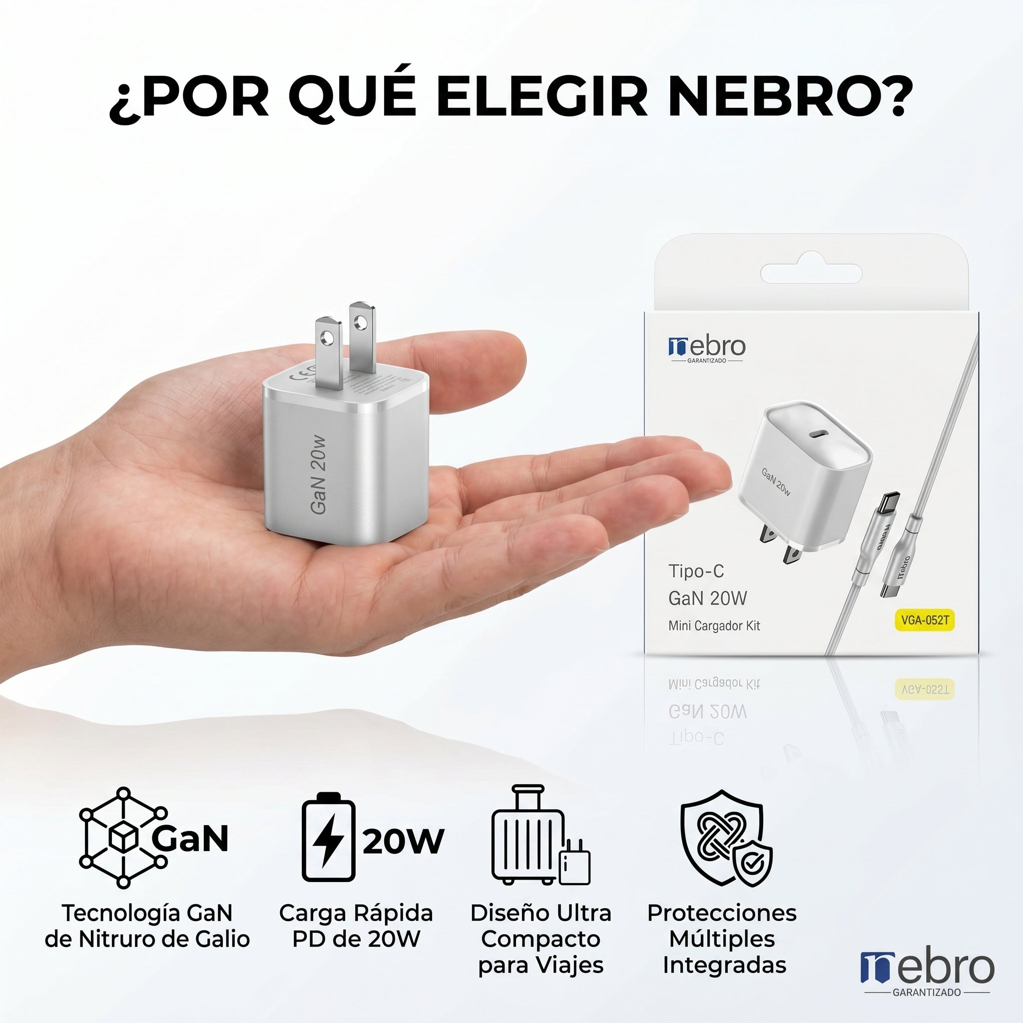 Cargador Mini GaN Nebro VGA-052T 20W Tecnología de Nitruro de Galio USB-C Carga Rápida PD