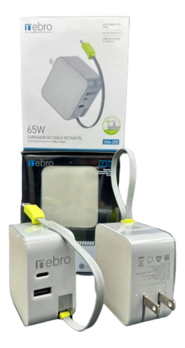 Cargador Retráctil Nebro VGA-205 65W Doble USB-C y USB-A Cable Integrado de 3 Puertos GaN Carga Rápida Pasadores Plegables 90°