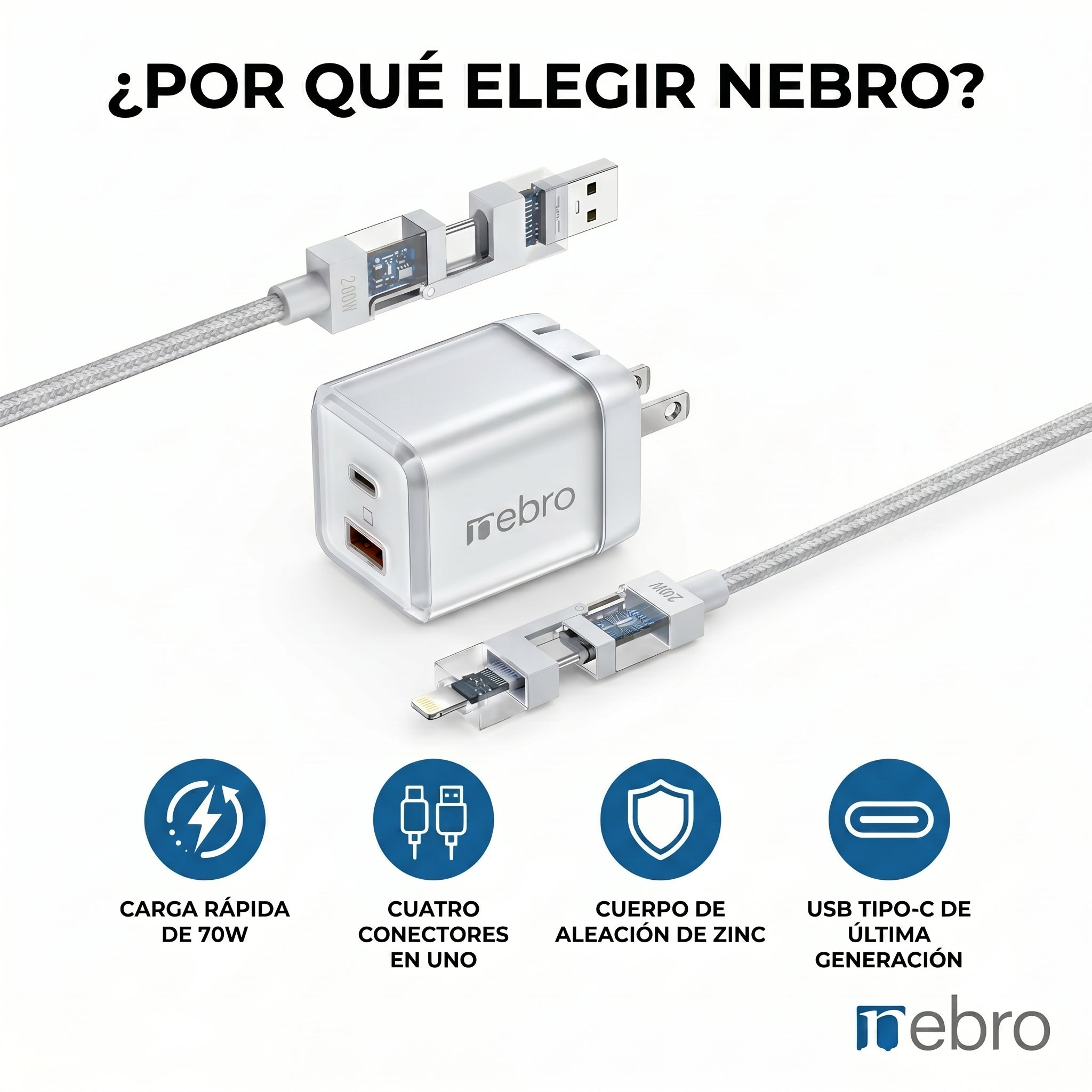 Cargador USB-C NEBRO VGA-206 70W Power Delivery Carga Ultra Rápida