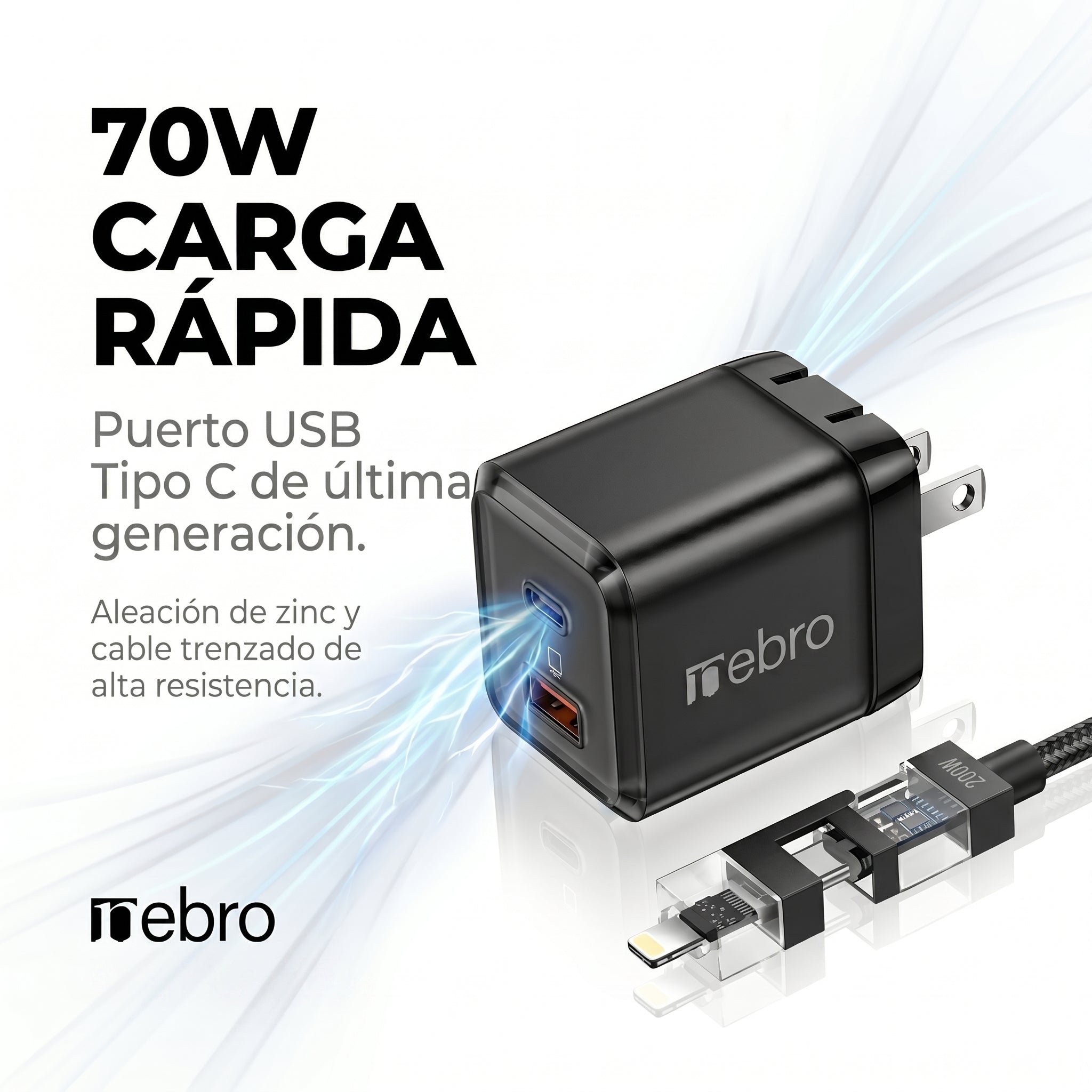 Cargador USB-C NEBRO VGA-206 70W Power Delivery Carga Ultra Rápida