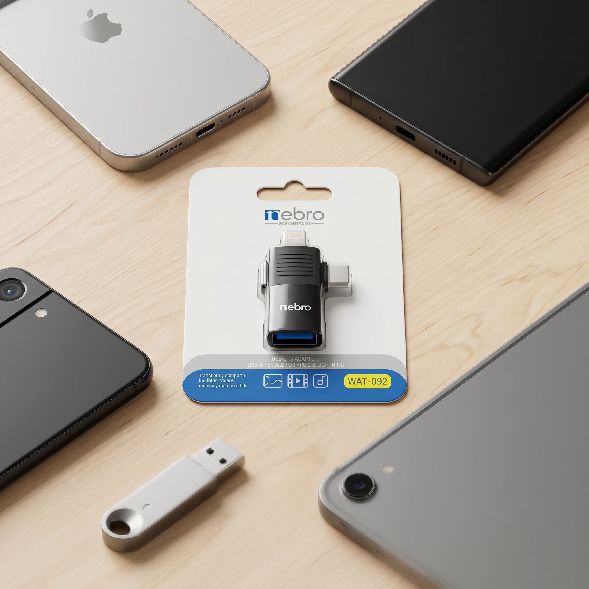 Adaptador USB OTG Nebro WAT-092 USB-A Hembra a Tipo-C y Lightning
