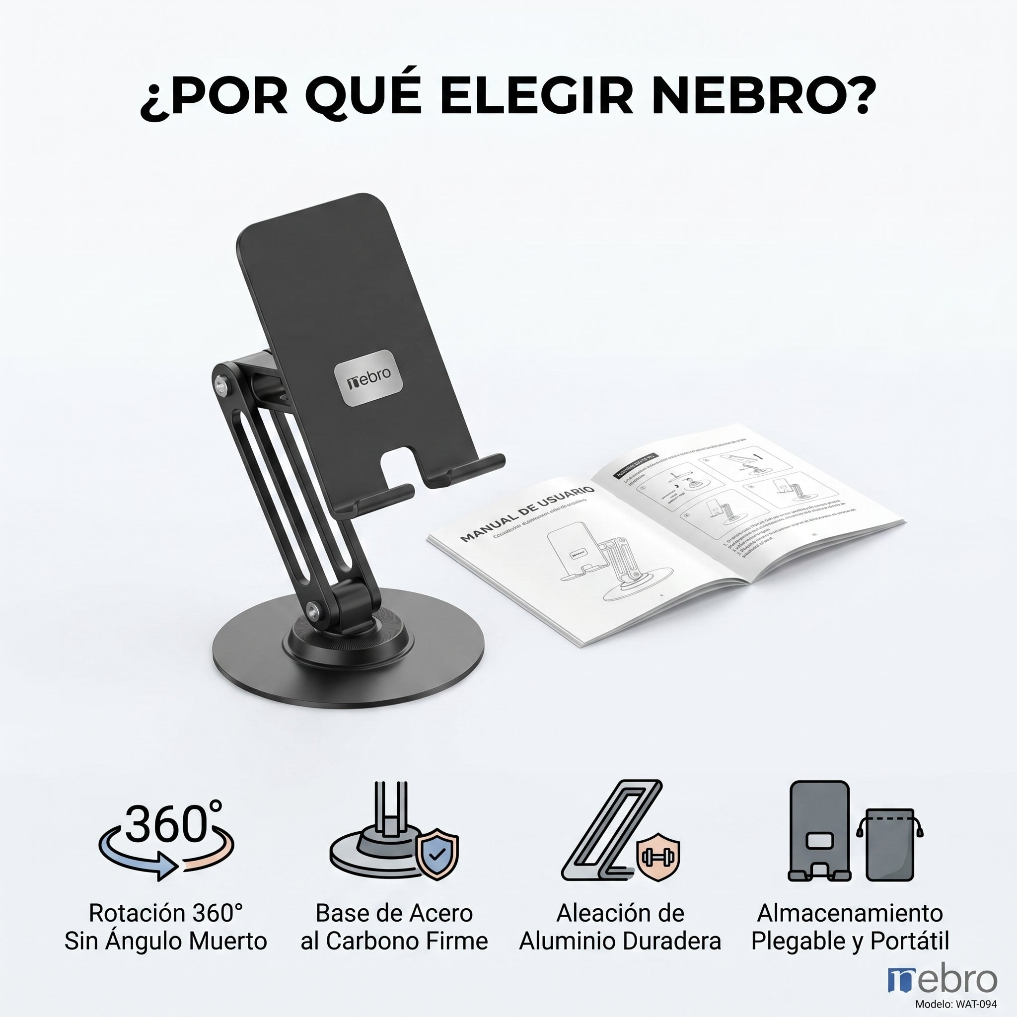 Soporte para Celular y Tablet Nebro WAT-094 Base Ajustable de Aluminio Altura Regulable Compatible con Todos los Dispositivos de 4 a 12 Pulgadas