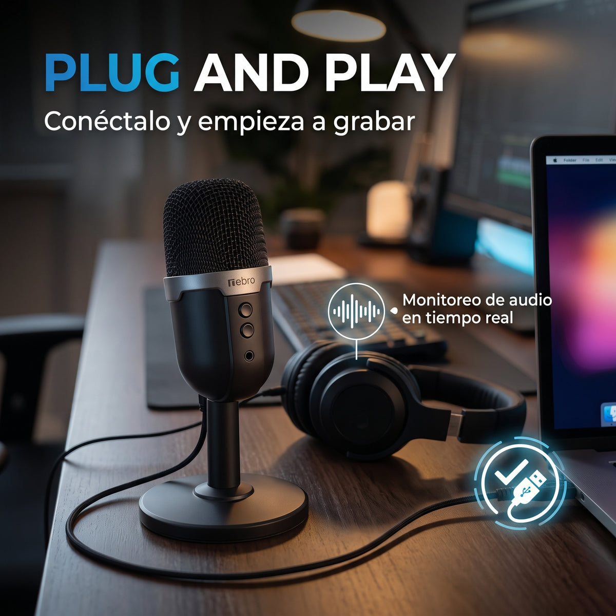 Micrófono Nebro WAT-097 Gamer Escritorio Luces RGB Plug And Play