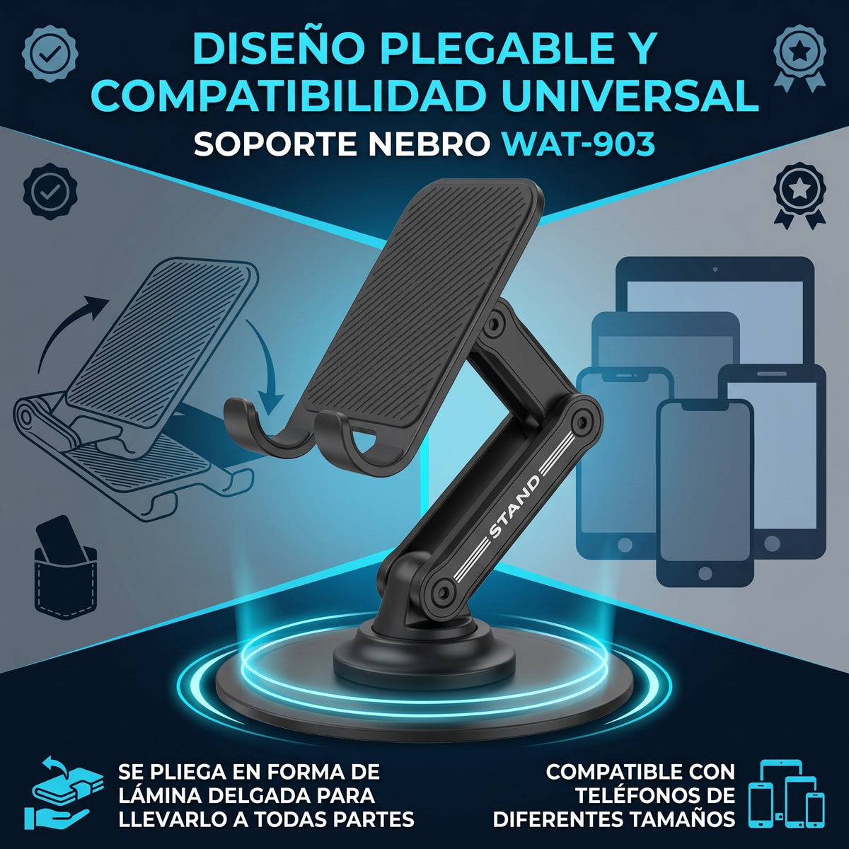Soporte Plegable para Celular Nebro WAT-903 con Giro de 360° y Silicona Antideslizante
