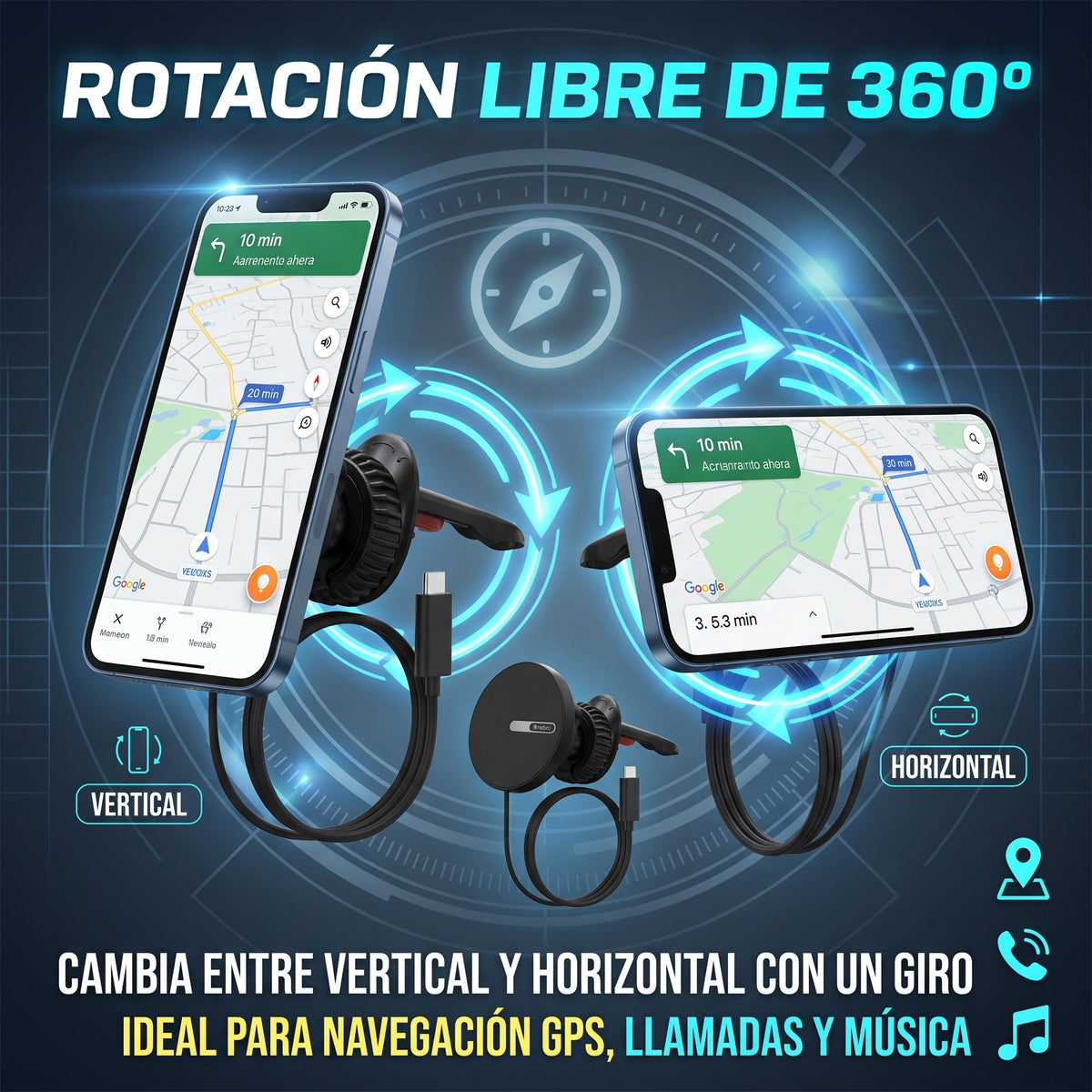 Soporte Magnético para Coche Nebro WAT-906 con Carga de 25W Rotación de 360° Cable Tipo C
