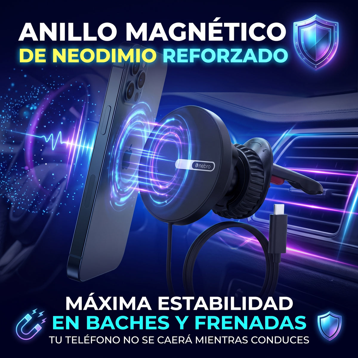 Soporte Magnético para Coche Nebro WAT-906 con Carga de 25W Rotación de 360° Cable Tipo C