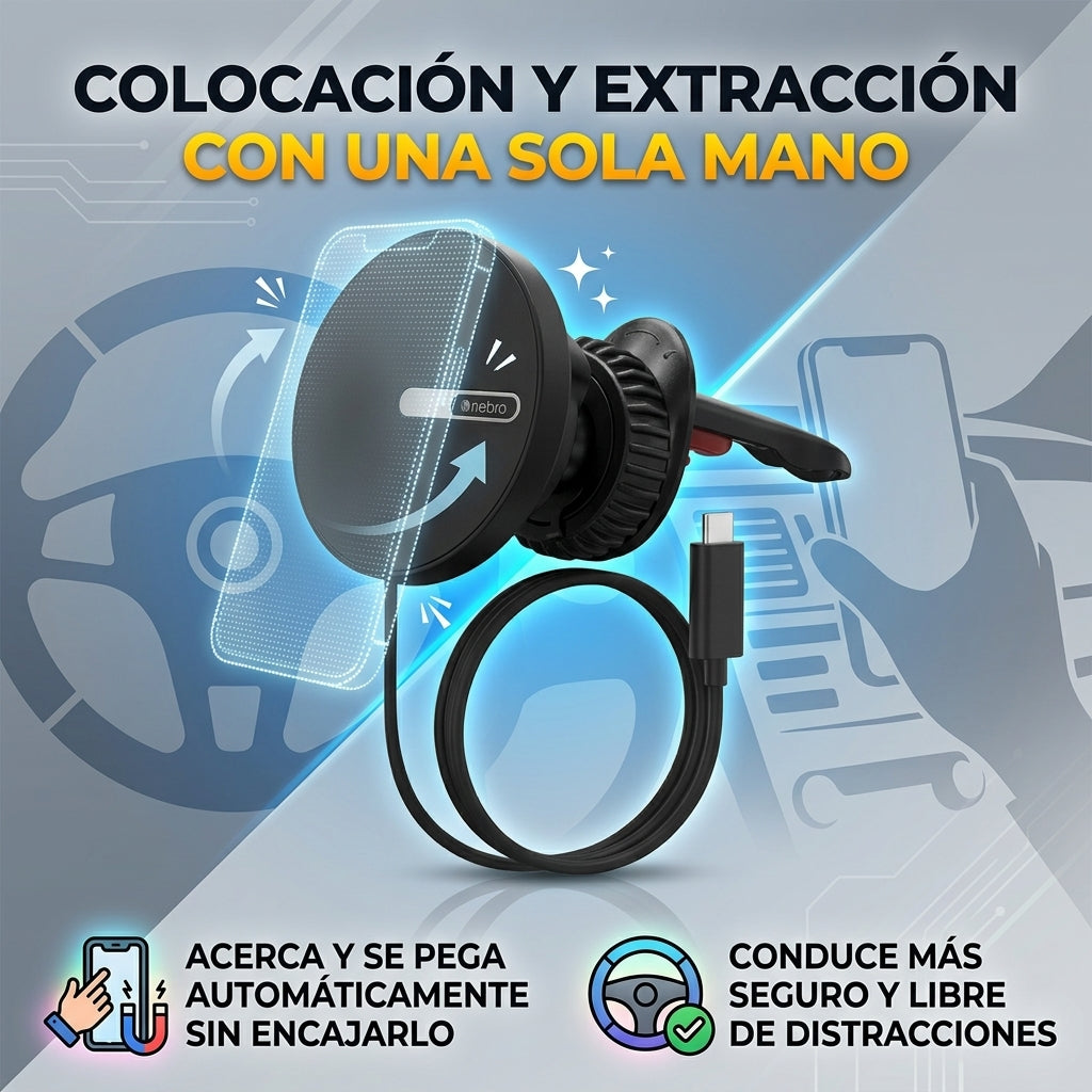 Soporte Magnético para Coche Nebro WAT-906 con Carga de 25W Rotación de 360° Cable Tipo C