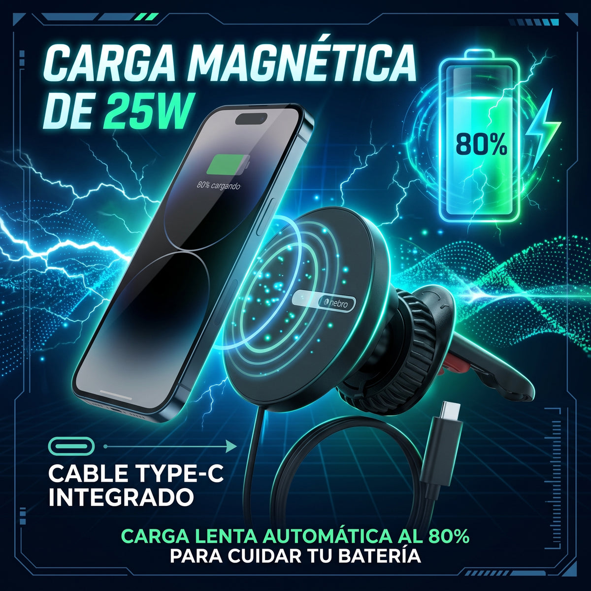 Soporte Magnético para Coche Nebro WAT-906 con Carga de 25W Rotación de 360° Cable Tipo C