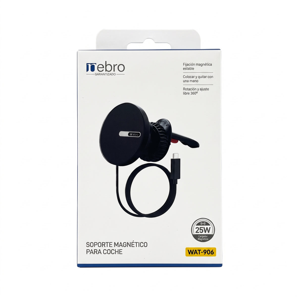 Soporte Magnético para Coche Nebro WAT-906 con Carga de 25W Rotación de 360° Cable Tipo C