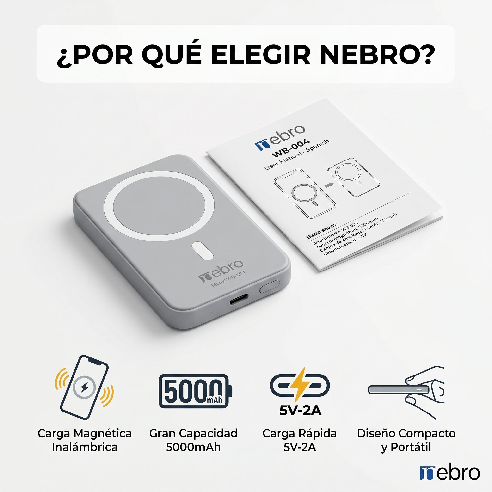 Power Bank Nebro WB-004 20000mAh Carga Rápida 22.5W 3 Puertos USB Carga Simultánea de 3 Dispositivos Batería Externa con Pantalla LED