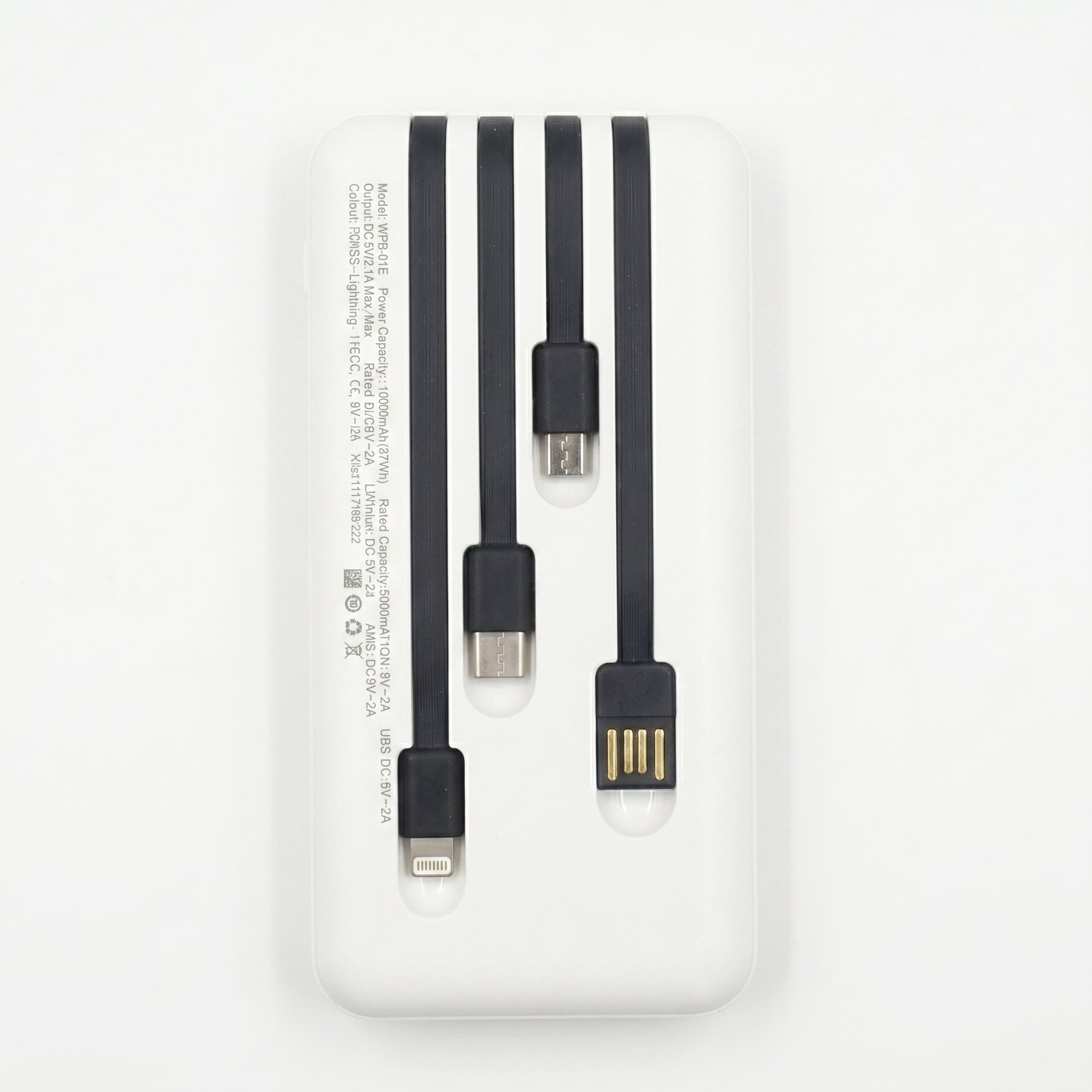 Power Bank Nebro WB-014 10000mAh Batería Portátil con 4 Cables Integrados V8 Tipo-C Lightning y USB Carga Rápida 5V-2A Diseño Compacto y Ligero
