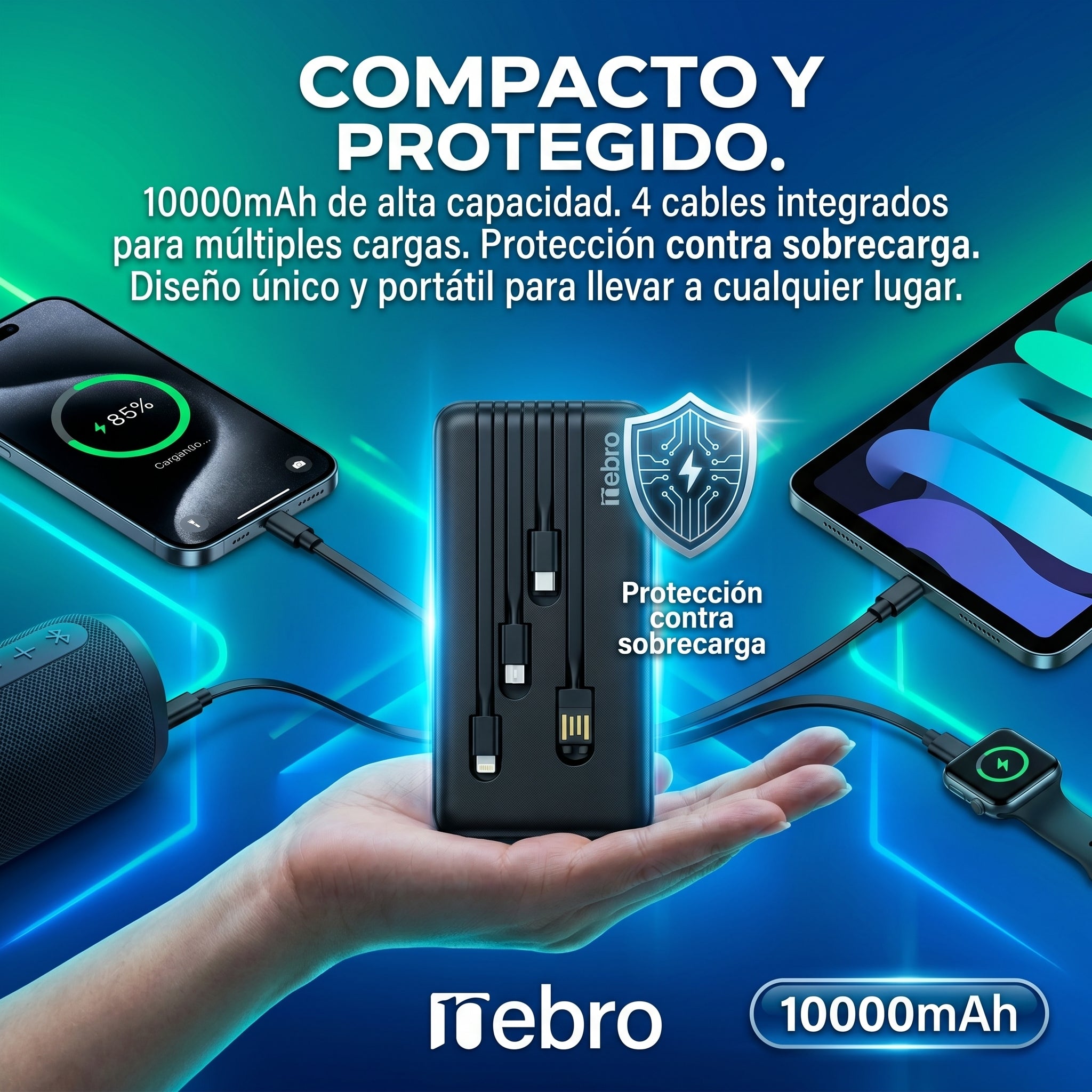 Power Bank Nebro WB-014 10000mAh Batería Portátil con 4 Cables Integrados V8 Tipo-C Lightning y USB Carga Rápida 5V-2A Diseño Compacto y Ligero